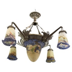 Lustre Art déco Muller Freres Luneville Pate de Verre en bronze, années 1920