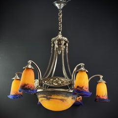 Lustre Art déco Muller Freres Luneville Pate de Verre en nickel, années 1920