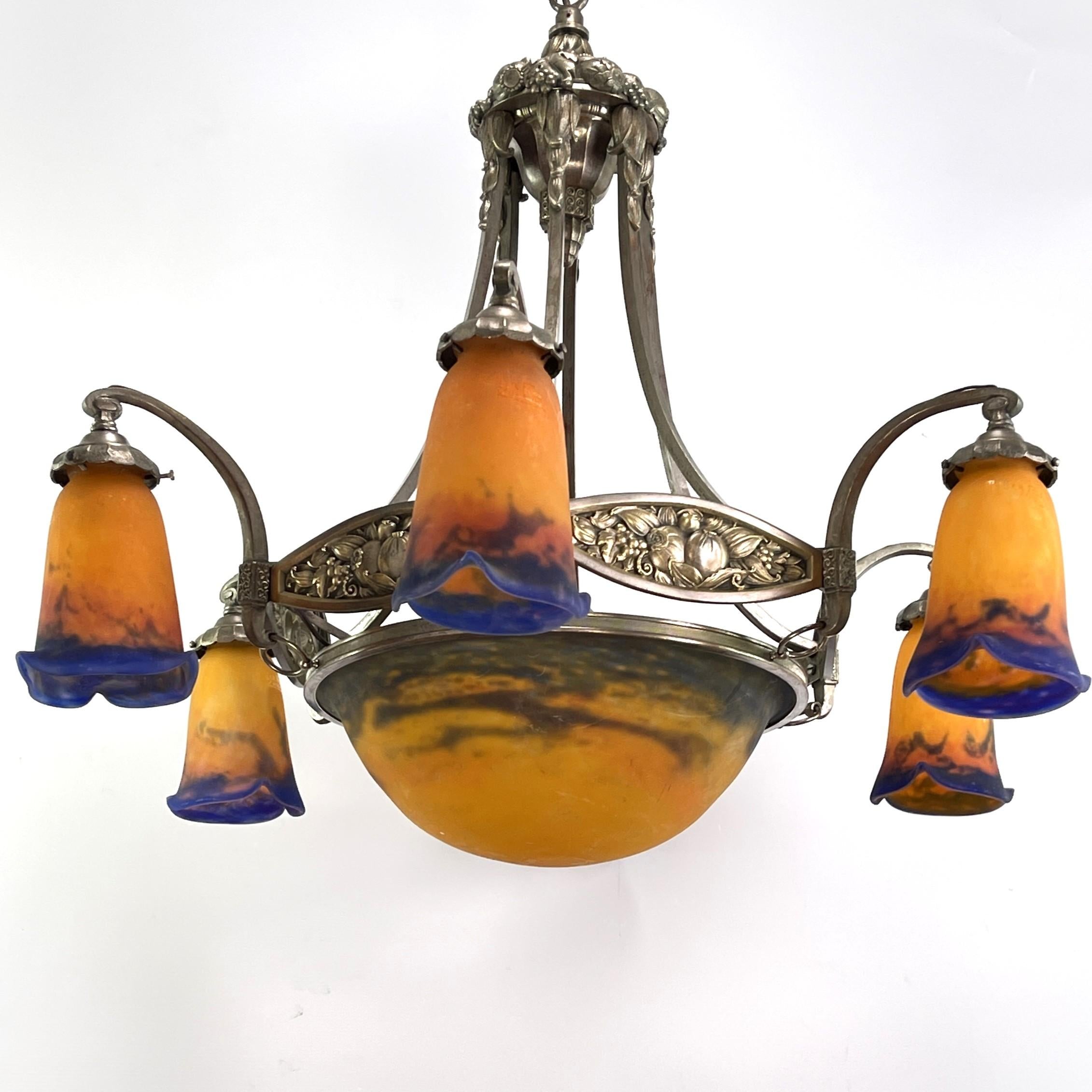 French Art Deco Chandelier by Muller Freres Luneville Pate de Verre nickel plate, 1920s For Sale