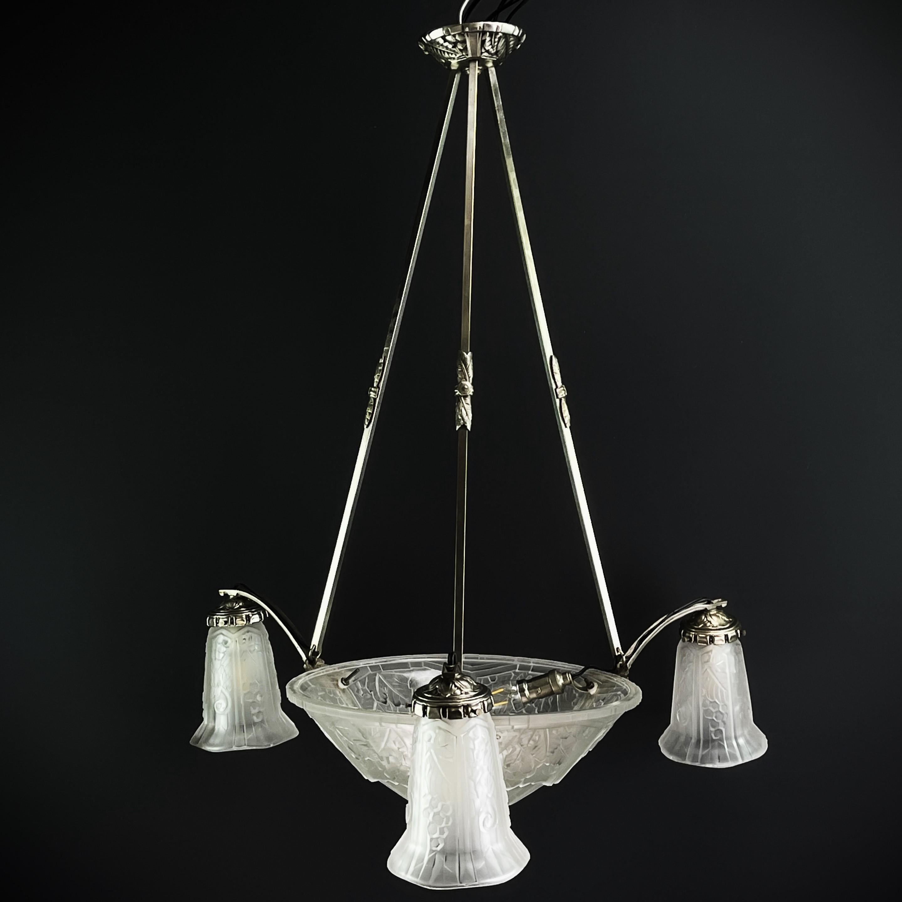 Metal ART DECO Chandelier by P. Mayndiere, nickel-plated, 1930s