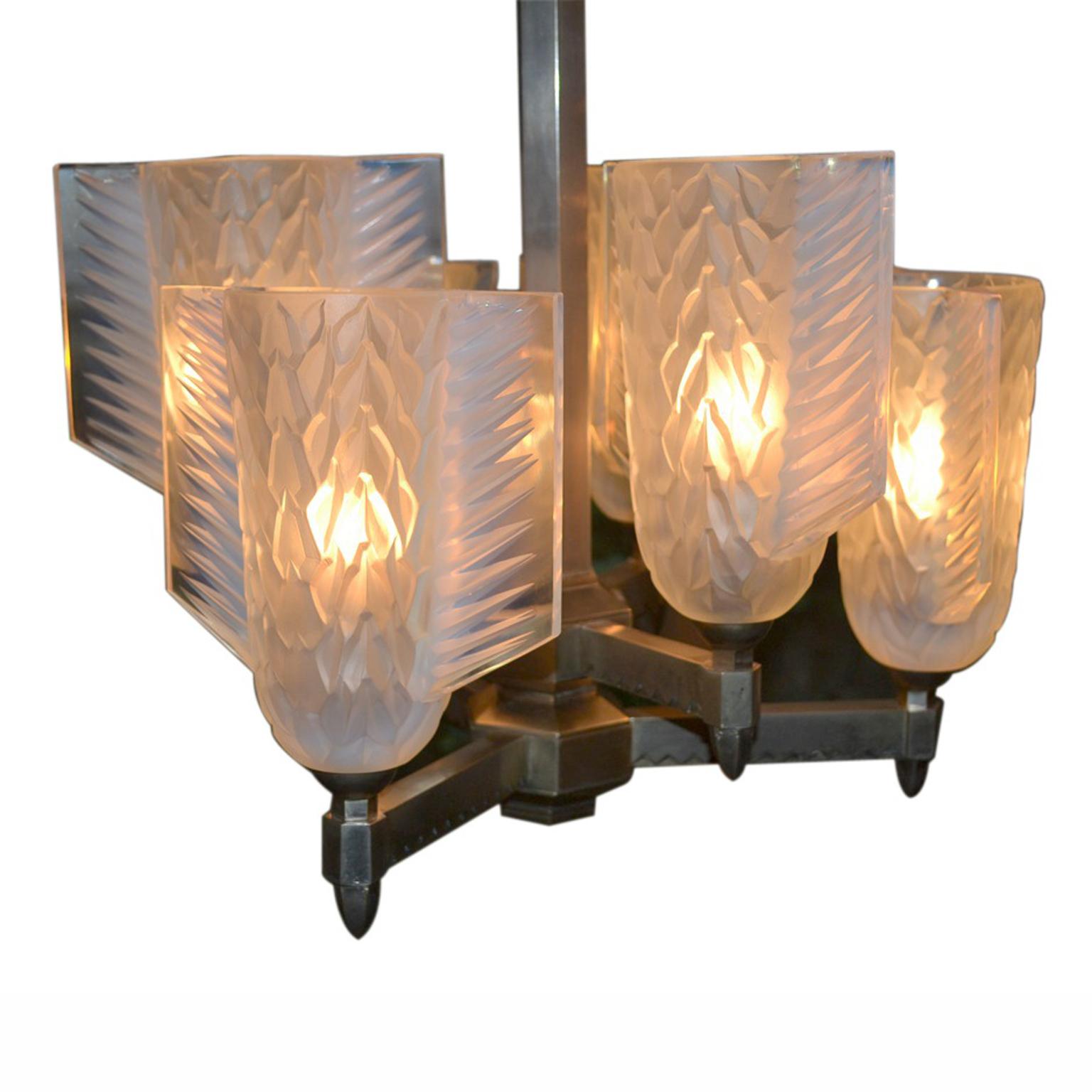 Cast Art Deco Chandelier with Frosted Glass   rrrow Quiver Shades by Pierre D'Avesn
