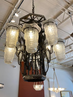Sabino Art Deco Wrought-Iron and Frosted Glass Chandelier, Model 4702, France