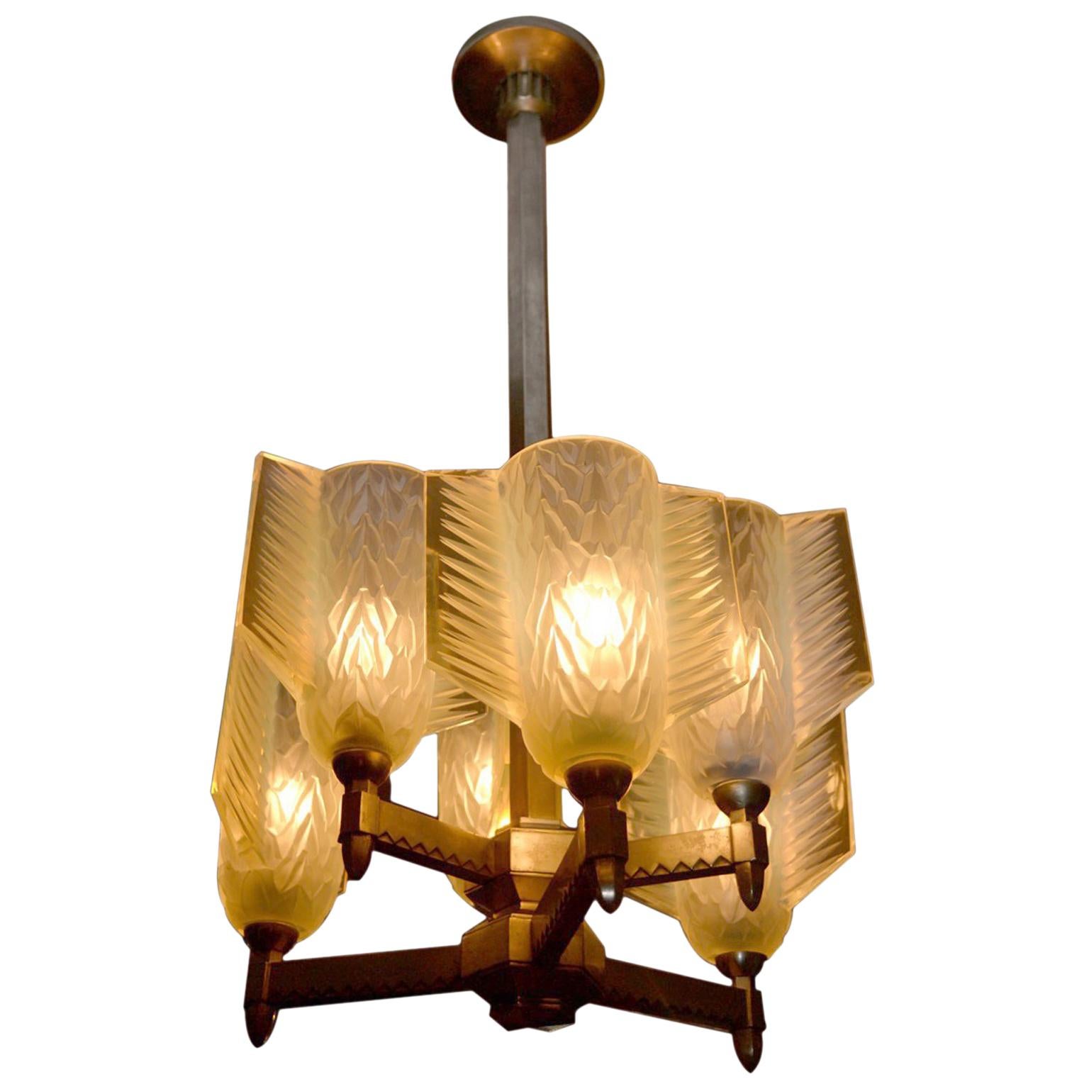 French Art Deco Chandelier with Frosted Glass   rrrow Quiver Shades by Pierre D'Avesn