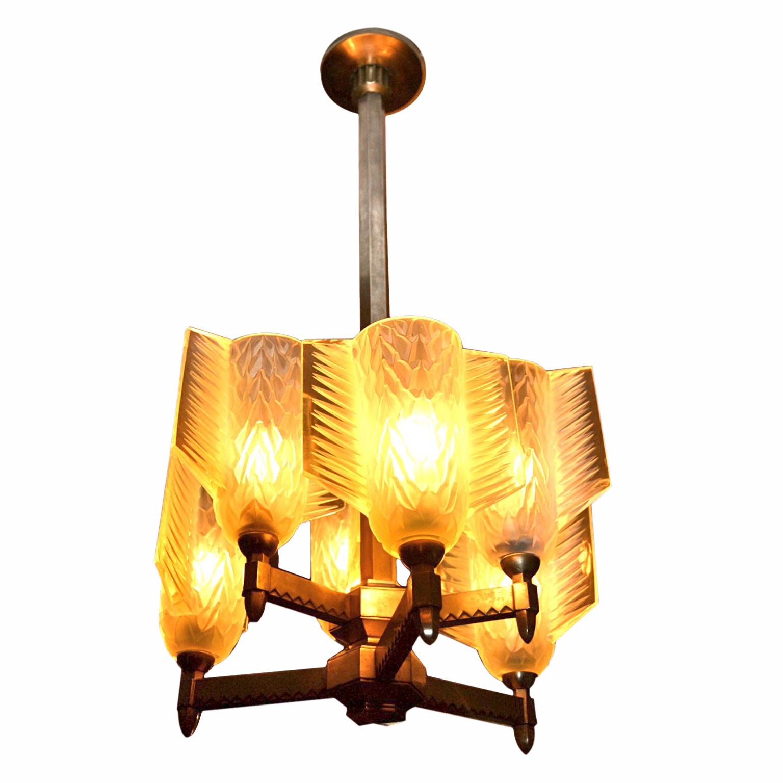 Art Deco Chandelier with Frosted Glass   rrrow Quiver Shades by Pierre D'Avesn