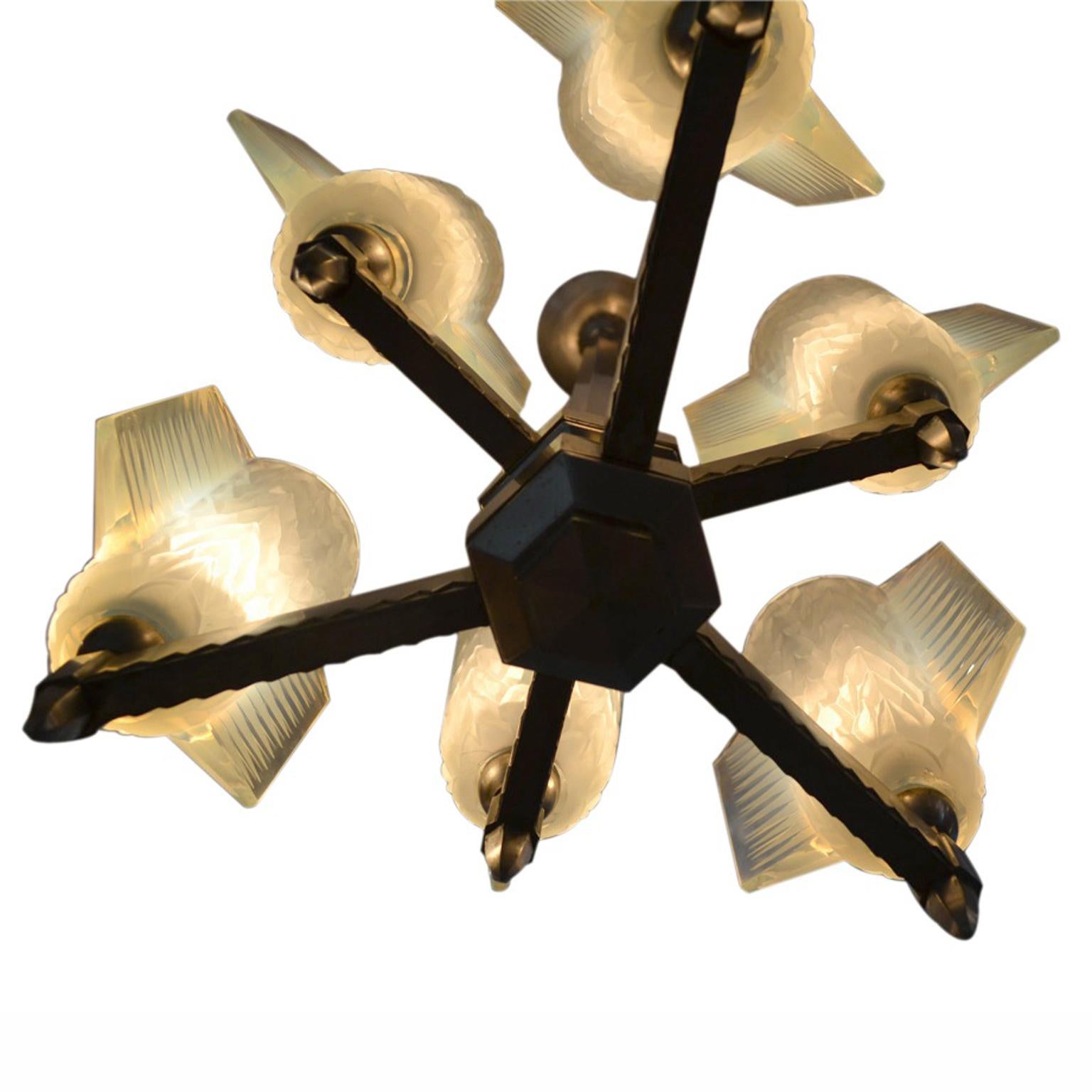 Art Deco Chandelier with Frosted Glass   rrrow Quiver Shades by Pierre D'Avesn In Good Condition In Vancouver, British Columbia