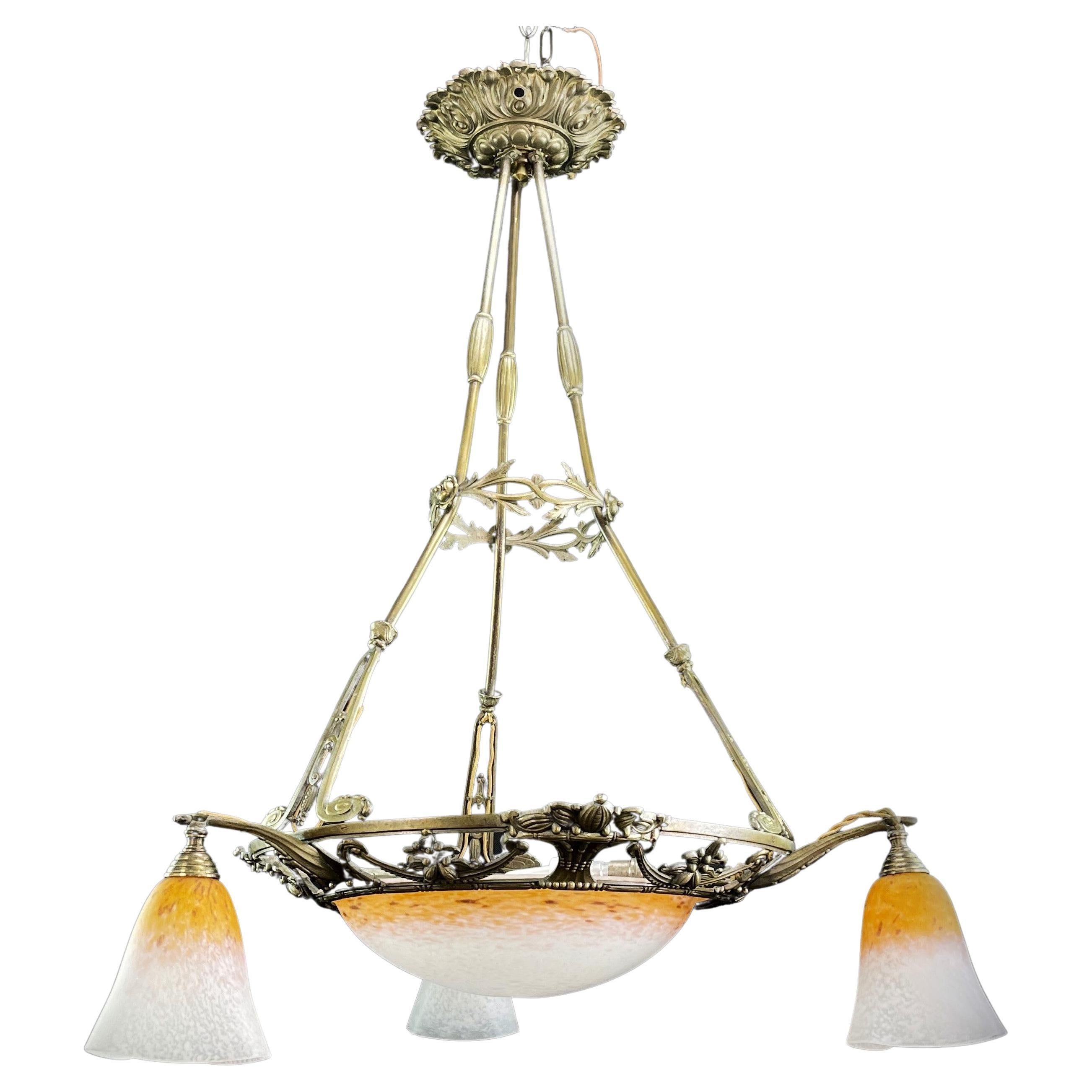 ART DECO Chandelier by Schneider, orange and white, 1930s For Sale