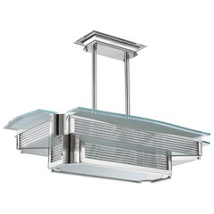 Art Deco Chandelier by Sofar, Nickel Finish, Glass & Brass, France