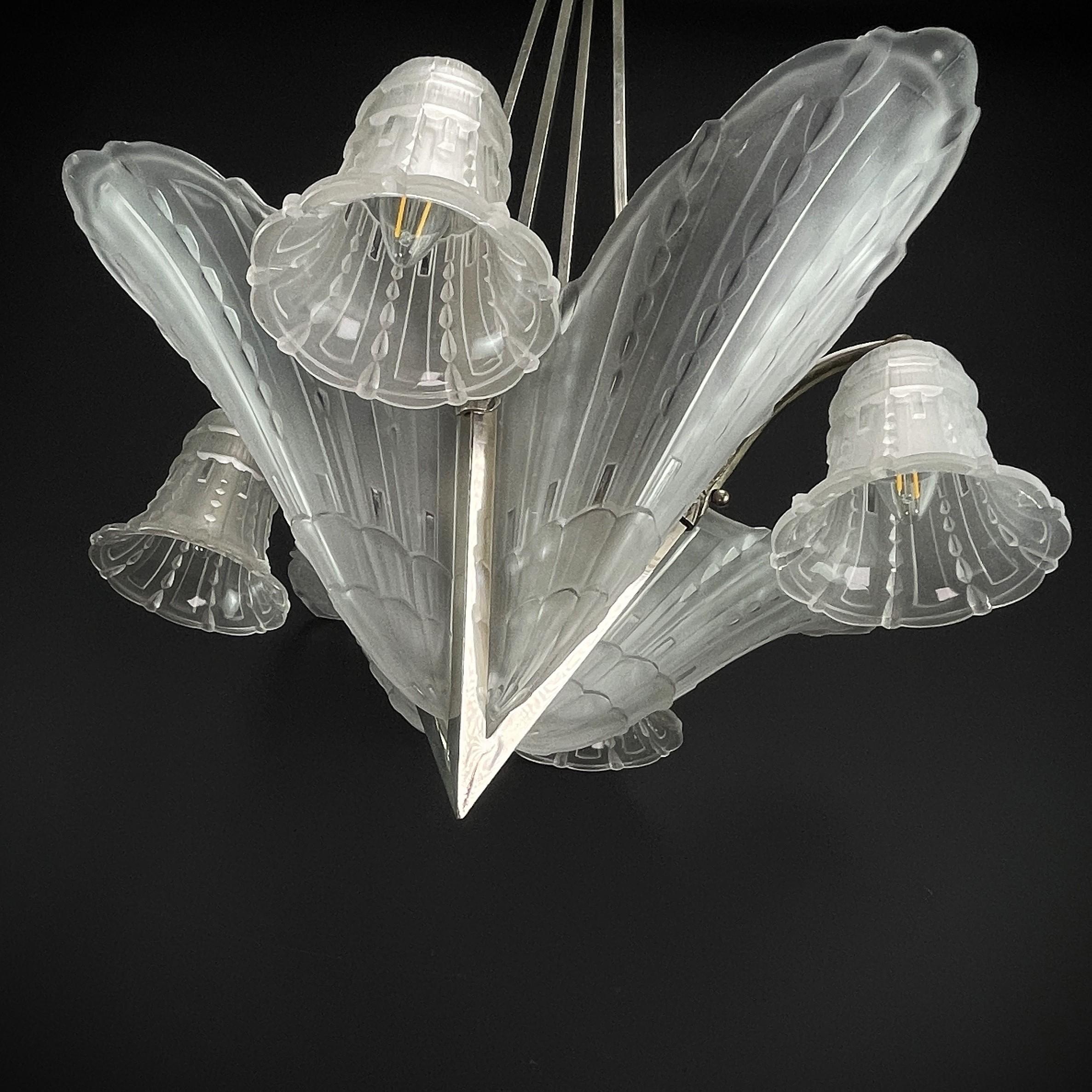 ART DECO Chandelier ceiling lamp nickel-plated, 1930s For Sale 3