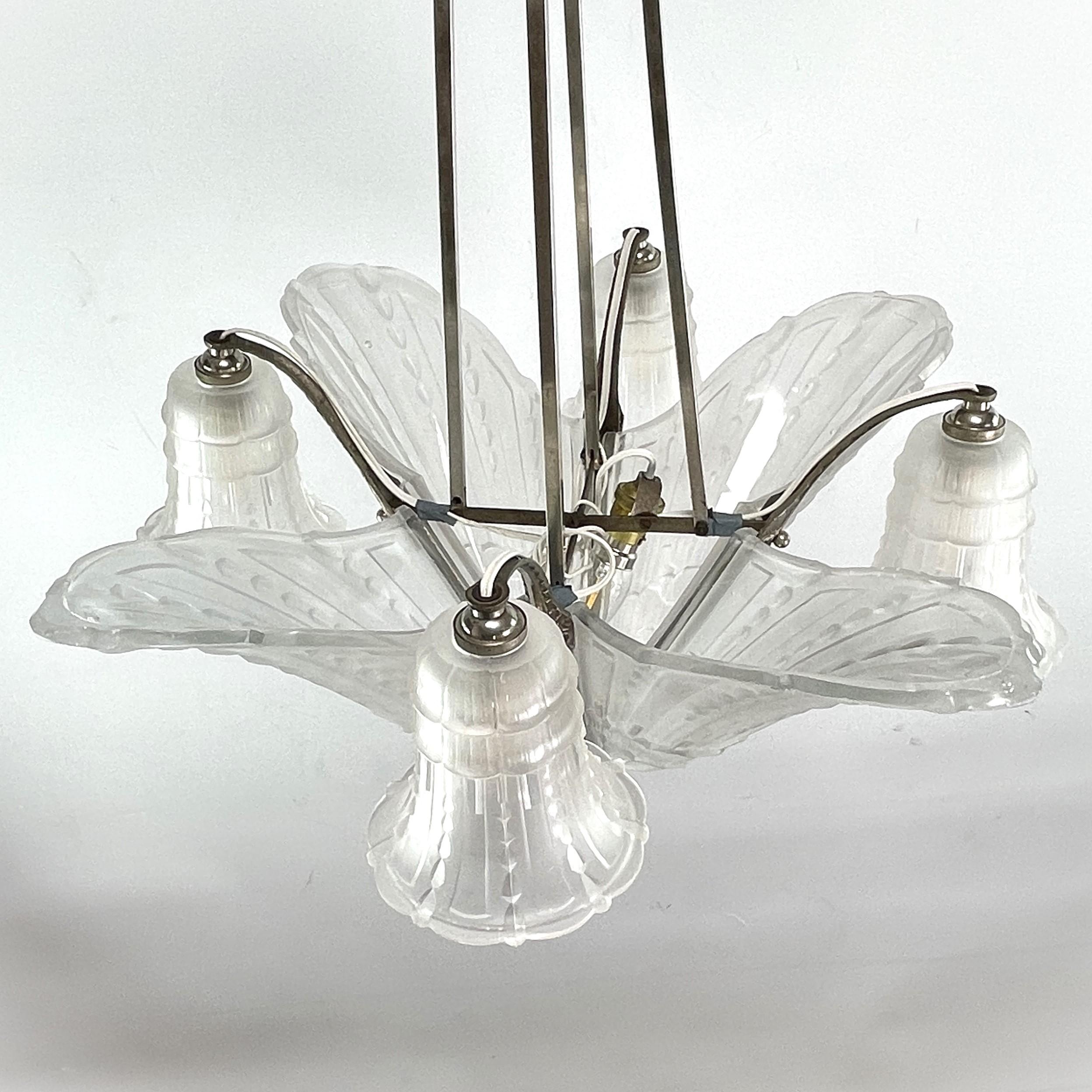 ART DECO Chandelier ceiling lamp nickel-plated, 1930s For Sale 4
