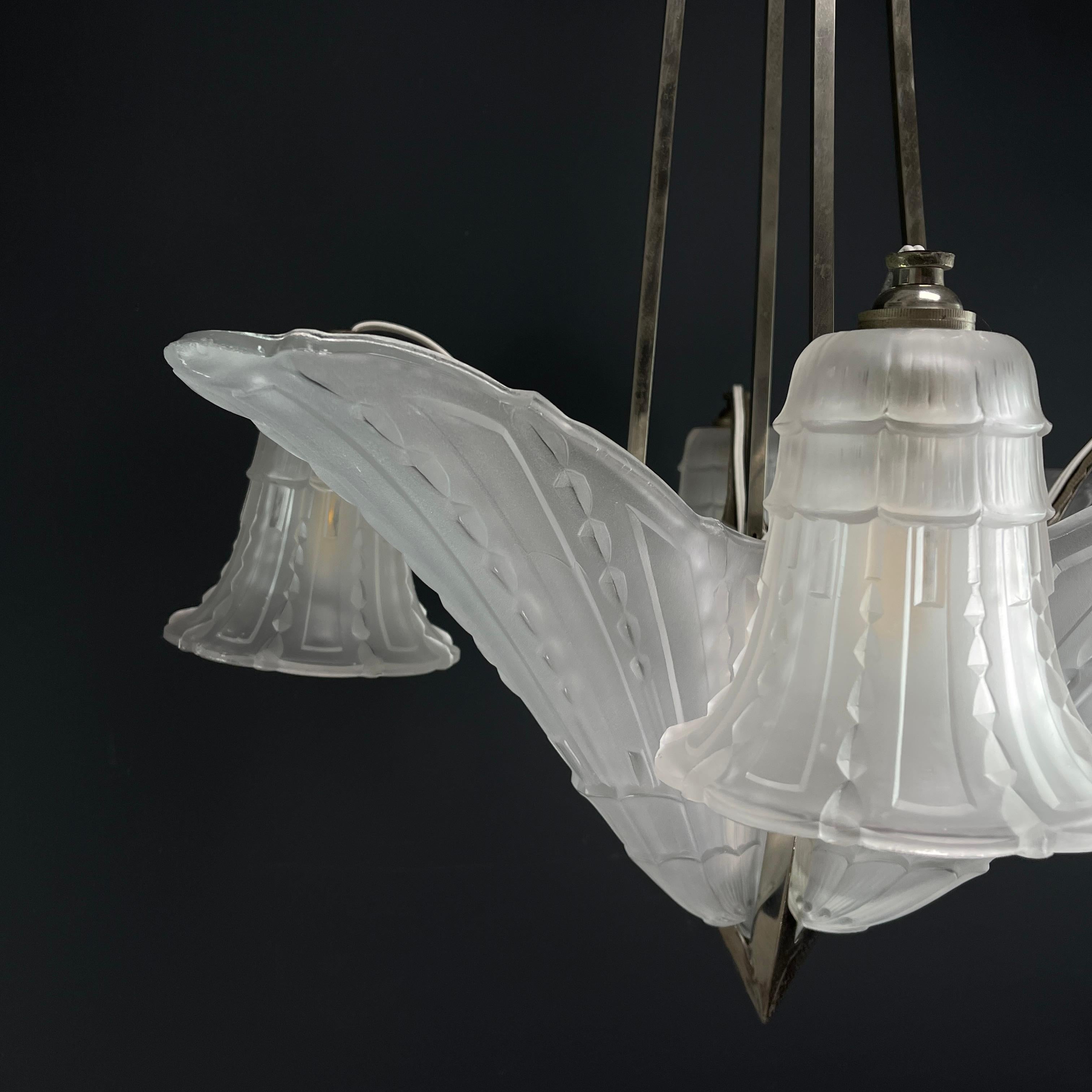 ART DECO Chandelier ceiling lamp nickel-plated, 1930s For Sale 5