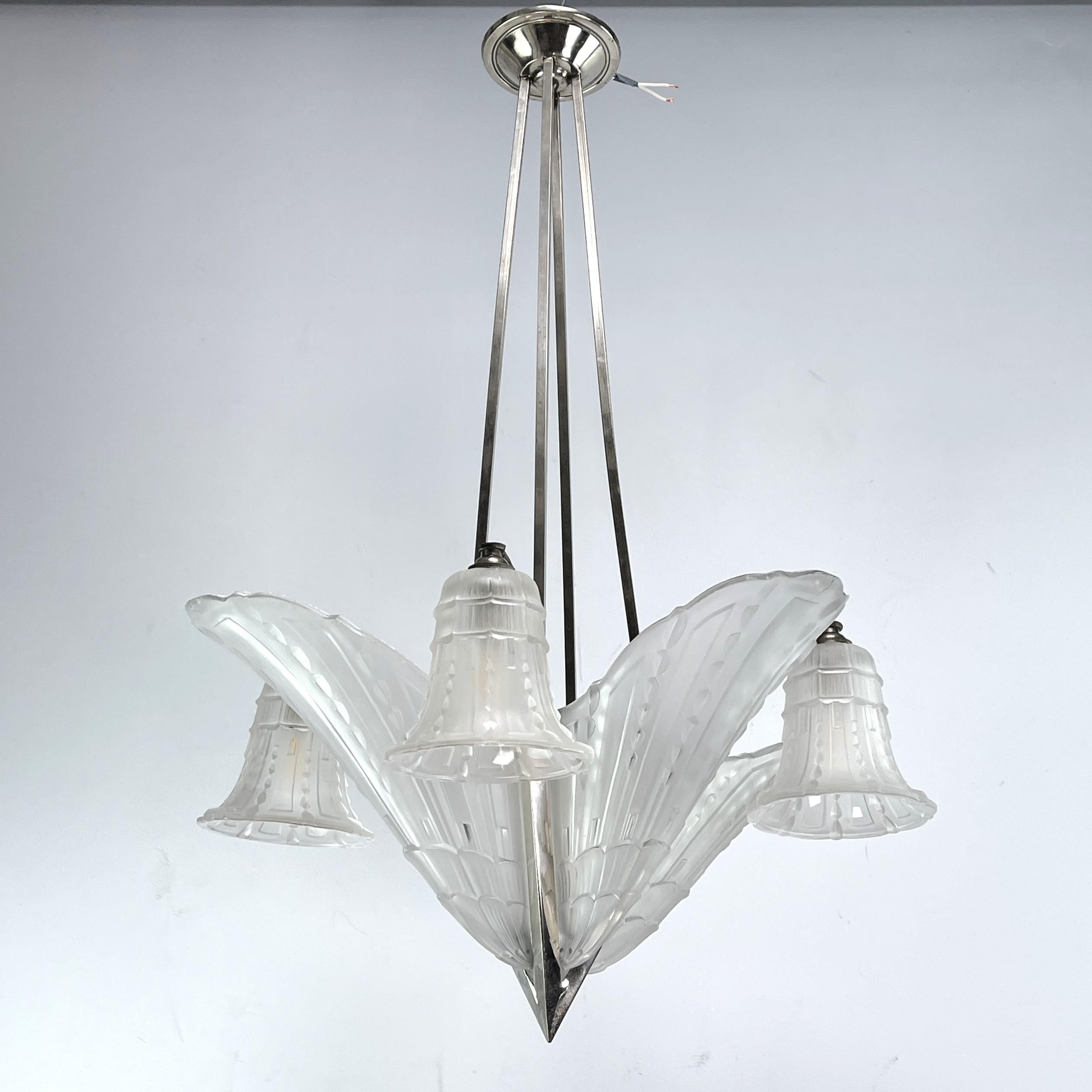 Art Deco ART DECO Chandelier ceiling lamp nickel-plated, 1930s