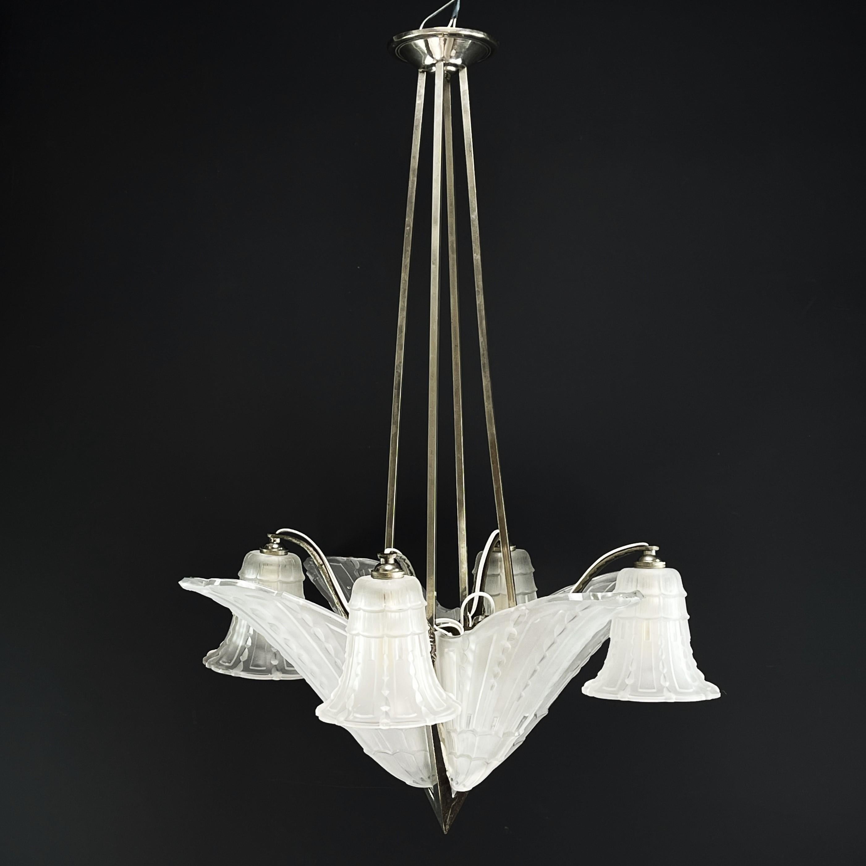 French ART DECO Chandelier ceiling lamp nickel-plated, 1930s For Sale