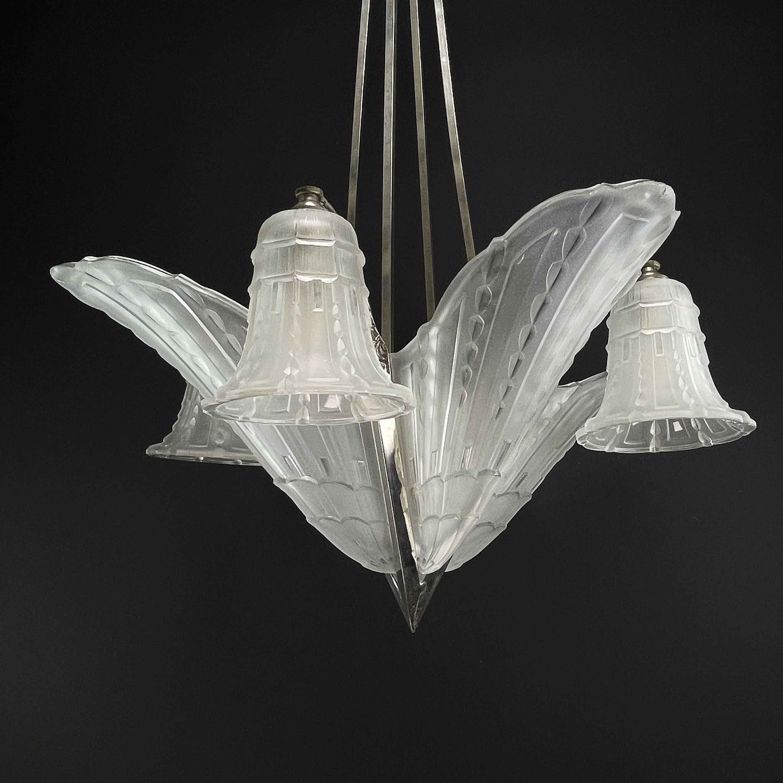 20th Century ART DECO Chandelier ceiling lamp nickel-plated, 1930s For Sale