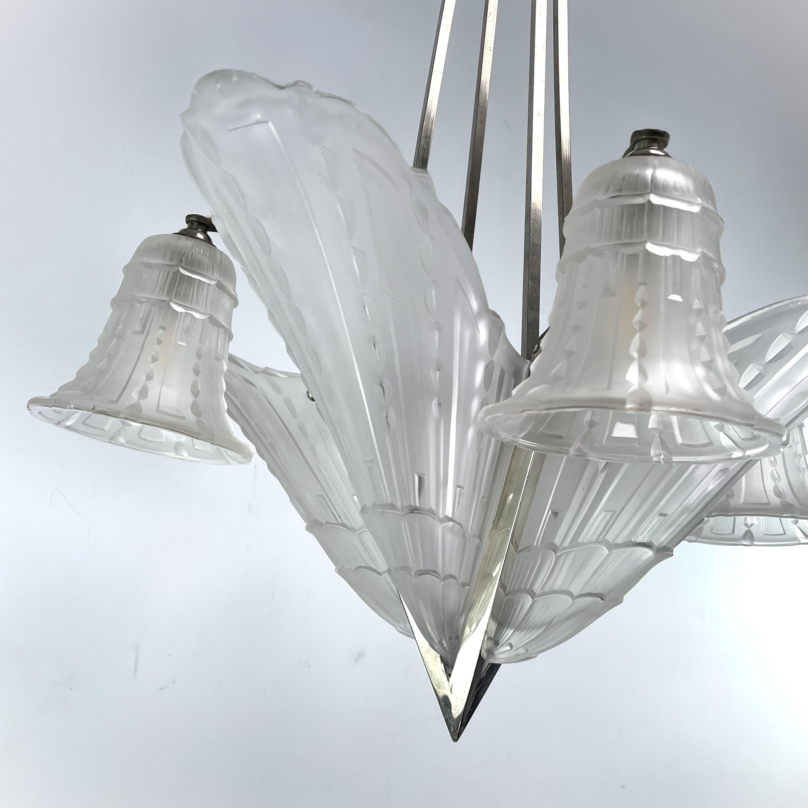 Metal ART DECO Chandelier ceiling lamp nickel-plated, 1930s For Sale