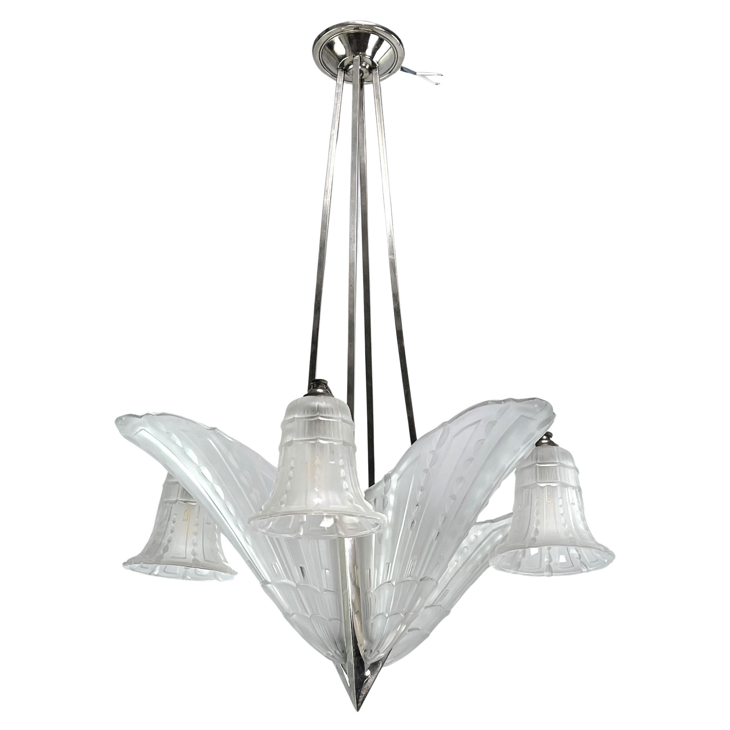 ART DECO Chandelier ceiling lamp nickel-plated, 1930s For Sale