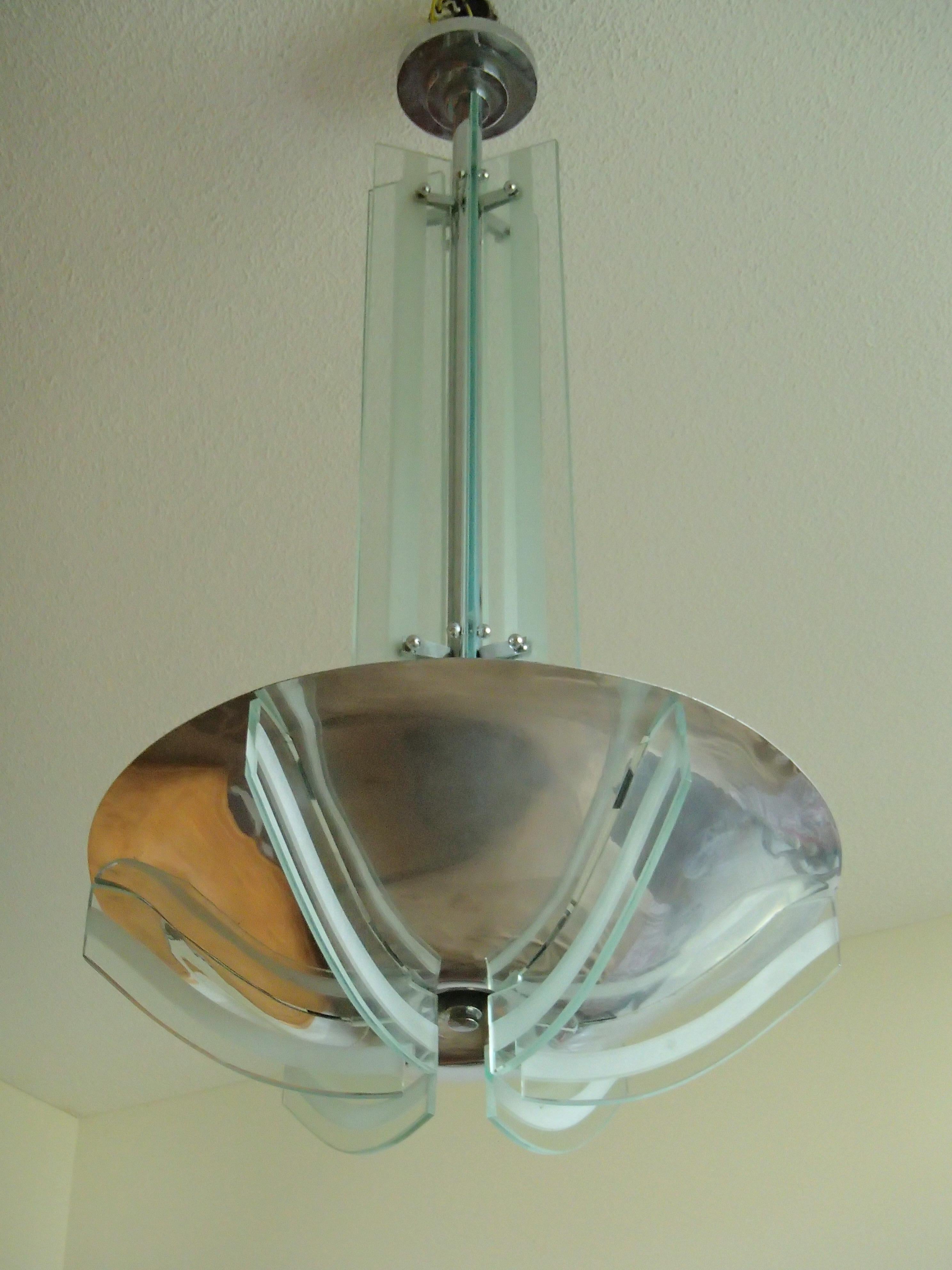 Art Deco Chandelier Chrome and Frosted Glass 7