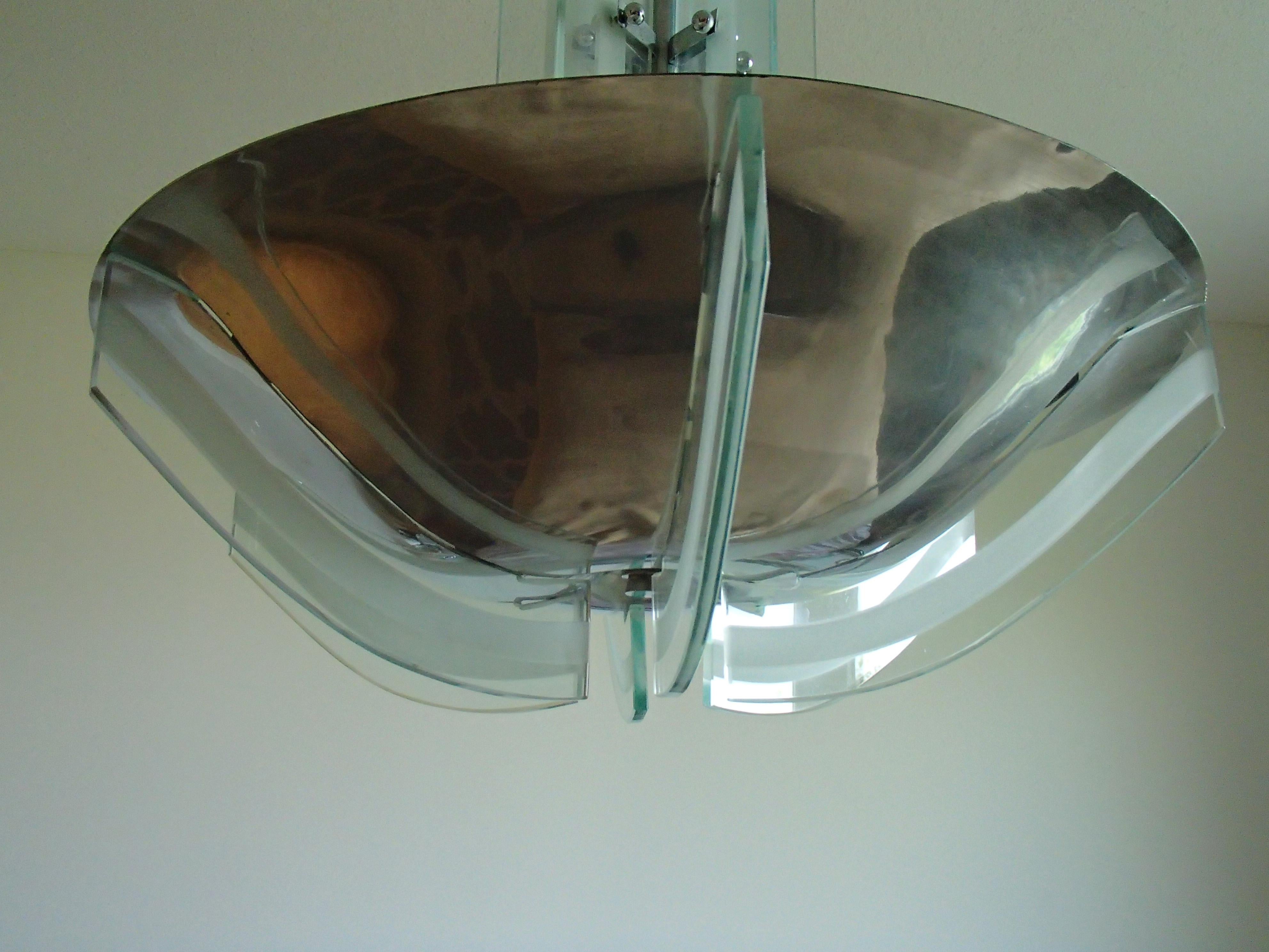 Art Deco Chandelier Chrome and Frosted Glass In Good Condition In Weiningen, CH