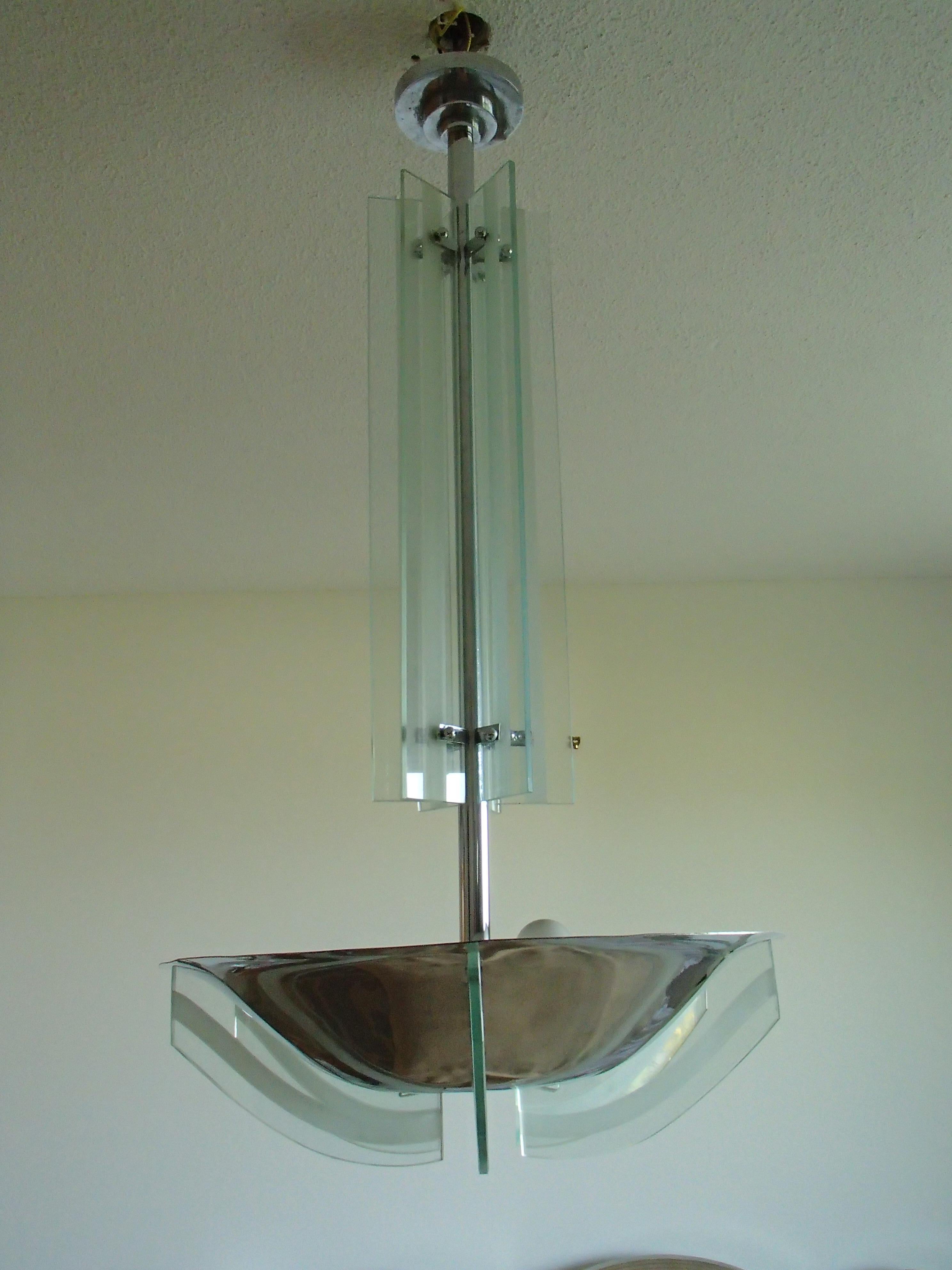 Mid-20th Century Art Deco Chandelier Chrome and Frosted Glass