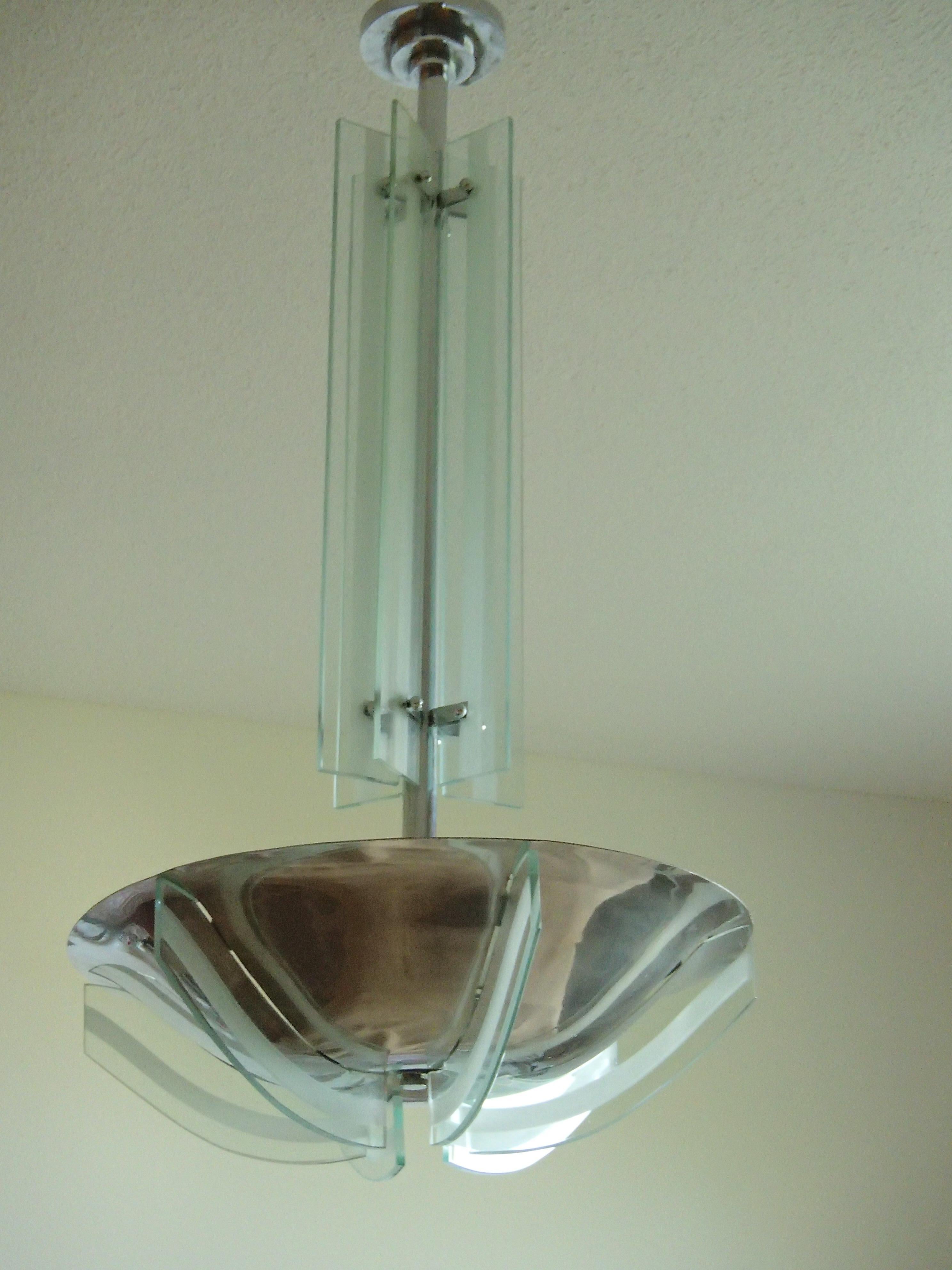 Art Glass Art Deco Chandelier Chrome and Frosted Glass
