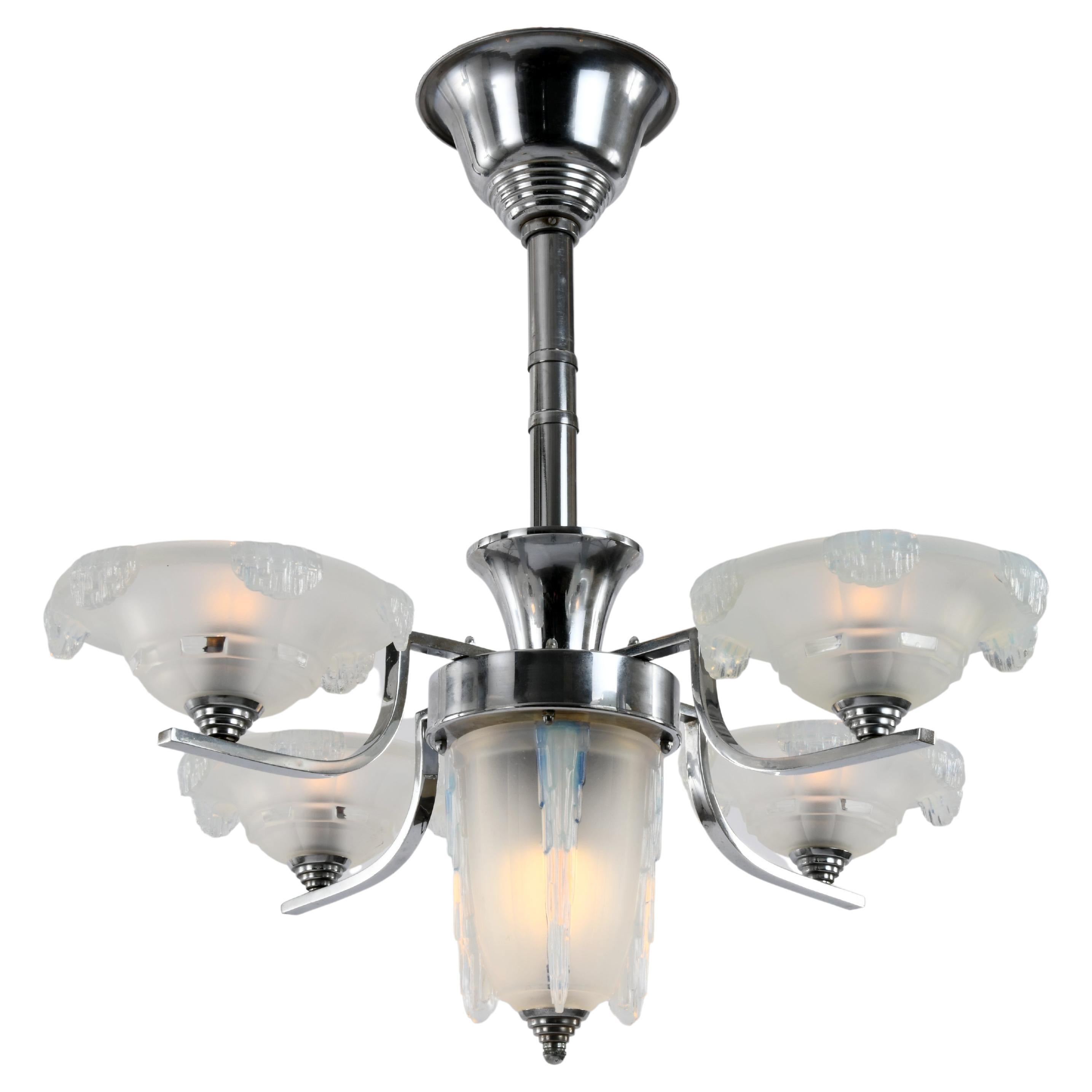 Art Deco Chandelier Chromed Metal and Opalescent Glass in the Style of Sabino For Sale
