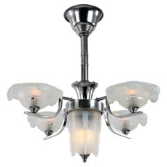 Art Deco Chandelier Chromed Metal and Opalescent Glass in the Style of Sabino