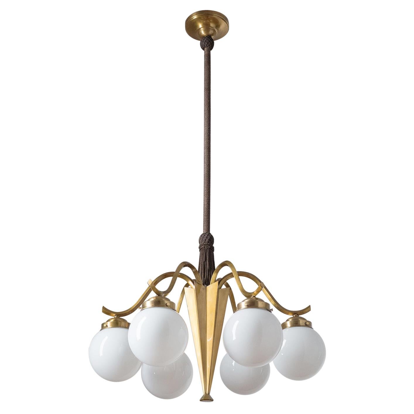 Art Deco Chandelier in Brass and Opaline, circa 1930/1950 For Sale at