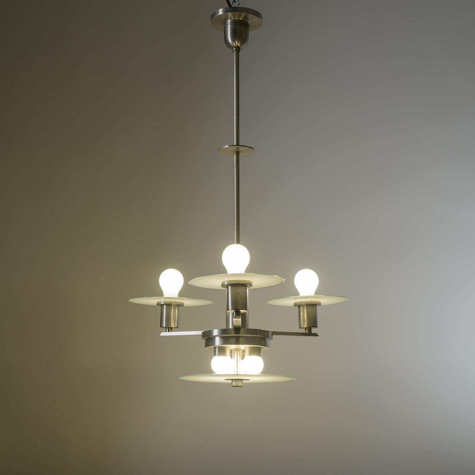 Art Deco Chandelier, circa 1930, Nickel and Glass For Sale 6