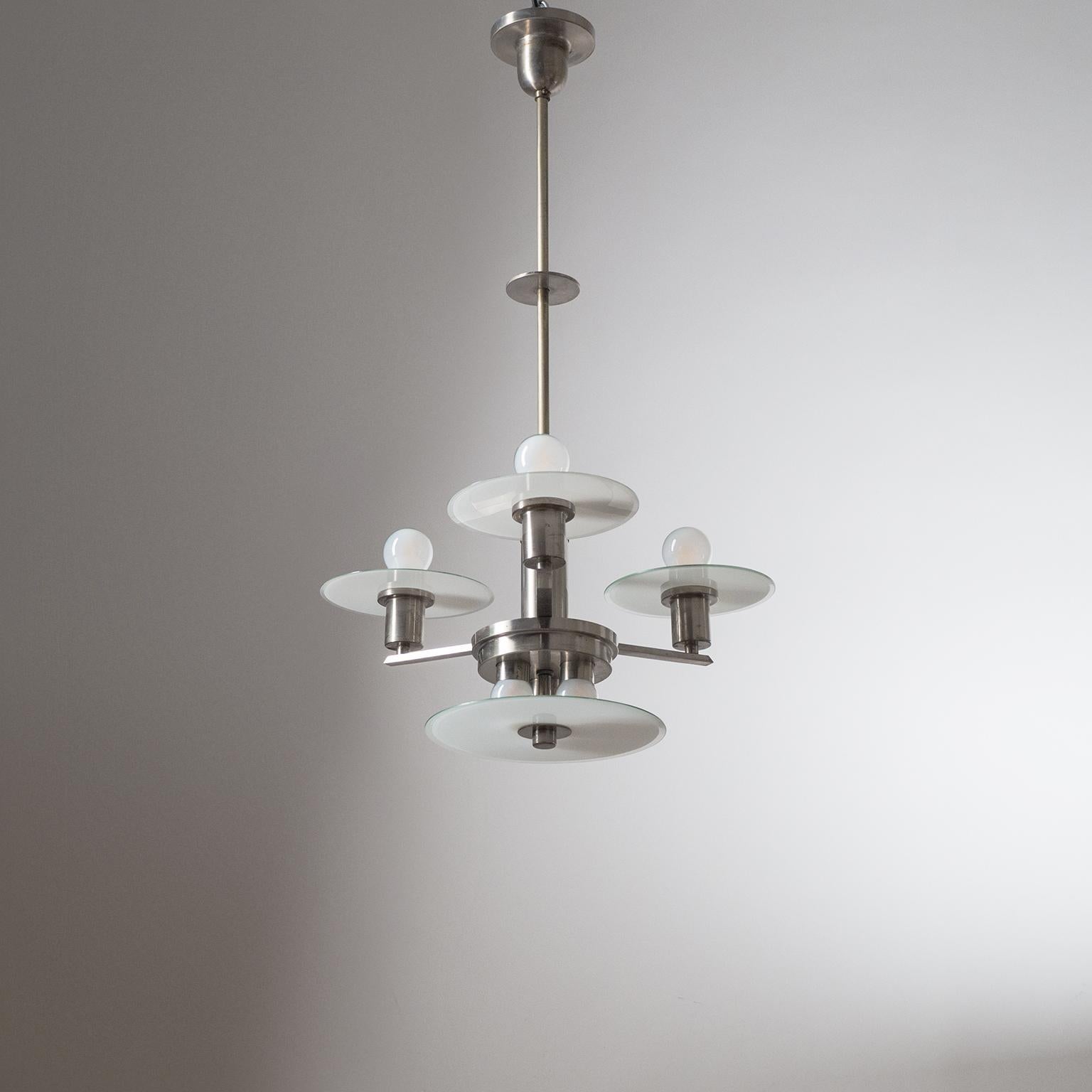 Art Deco Chandelier, circa 1930, Nickel and Glass For Sale 13