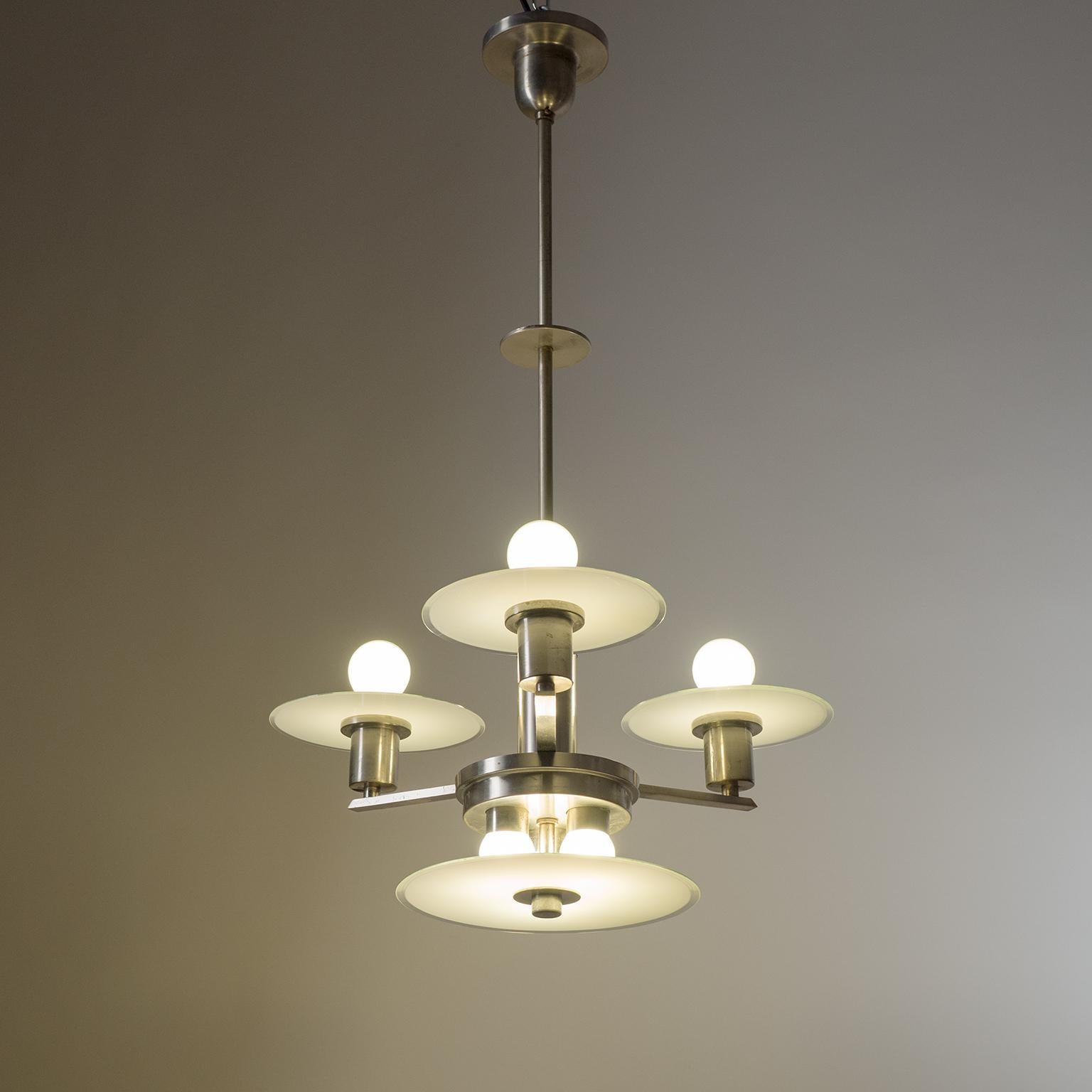 German Art Deco Chandelier, circa 1930, Nickel and Glass For Sale