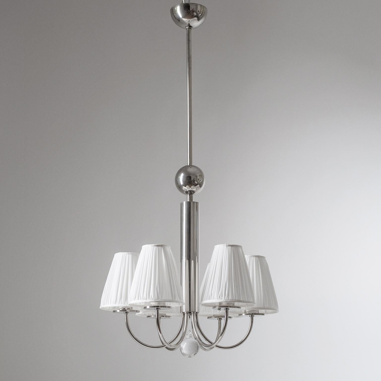 Fabric Bauhaus Chandelier, circa 1930, Nickel and Glass For Sale