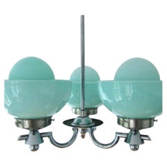 Art Deco Chandelier, circa 1930 Three-Arm Chrome and Glass Pendant Chandelier