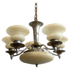 Art Deco Chandelier Custard Glass Globe 5 Arms Nickel Plated