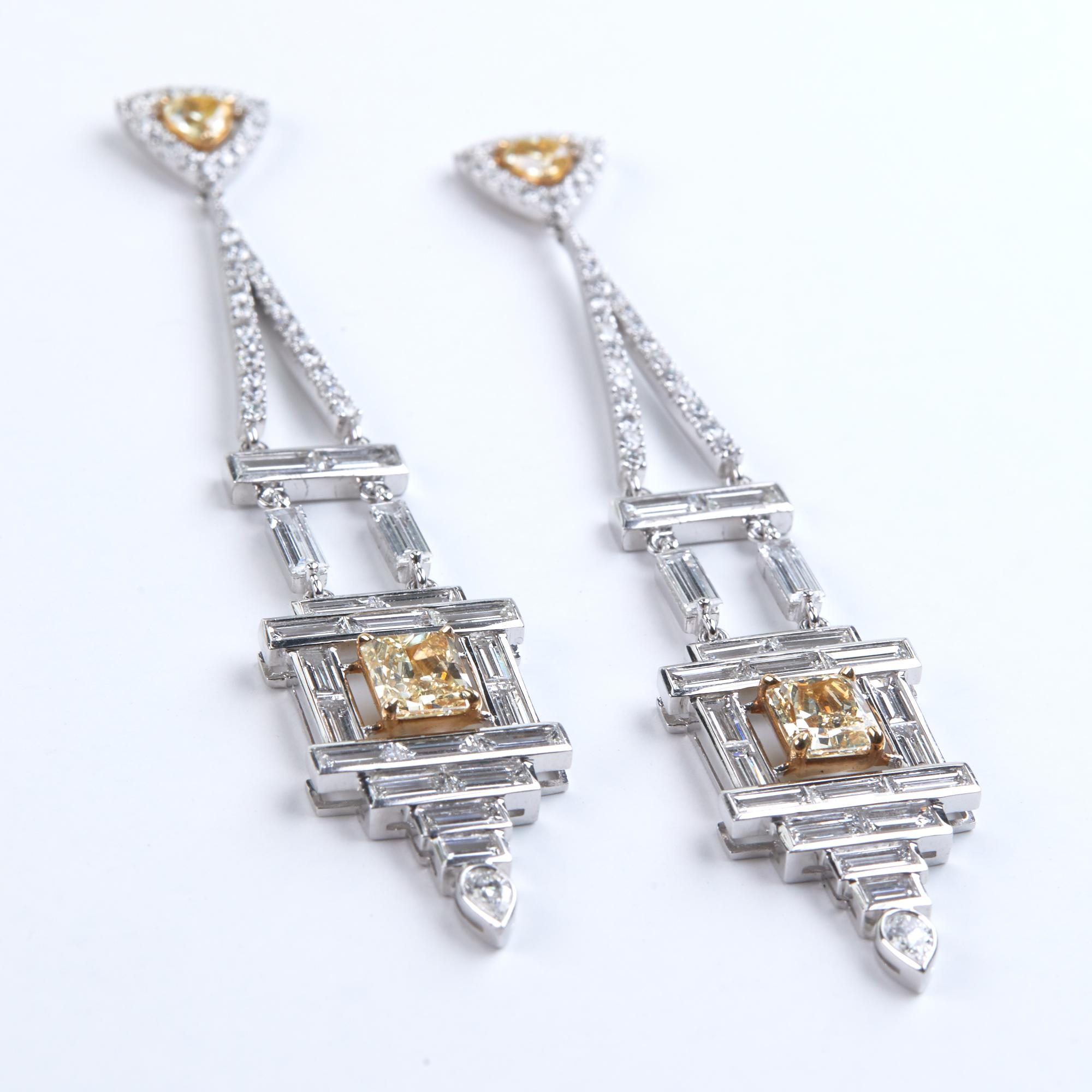 Radiant Cut Art Deco Style Chandelier Diamond Earrings White and Yellow Gold For Sale