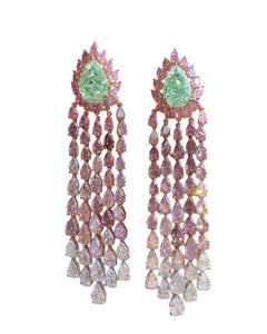 art deco chandelier earrings in Fancy Light Green diamonds 4.11 carats VS2 GIA