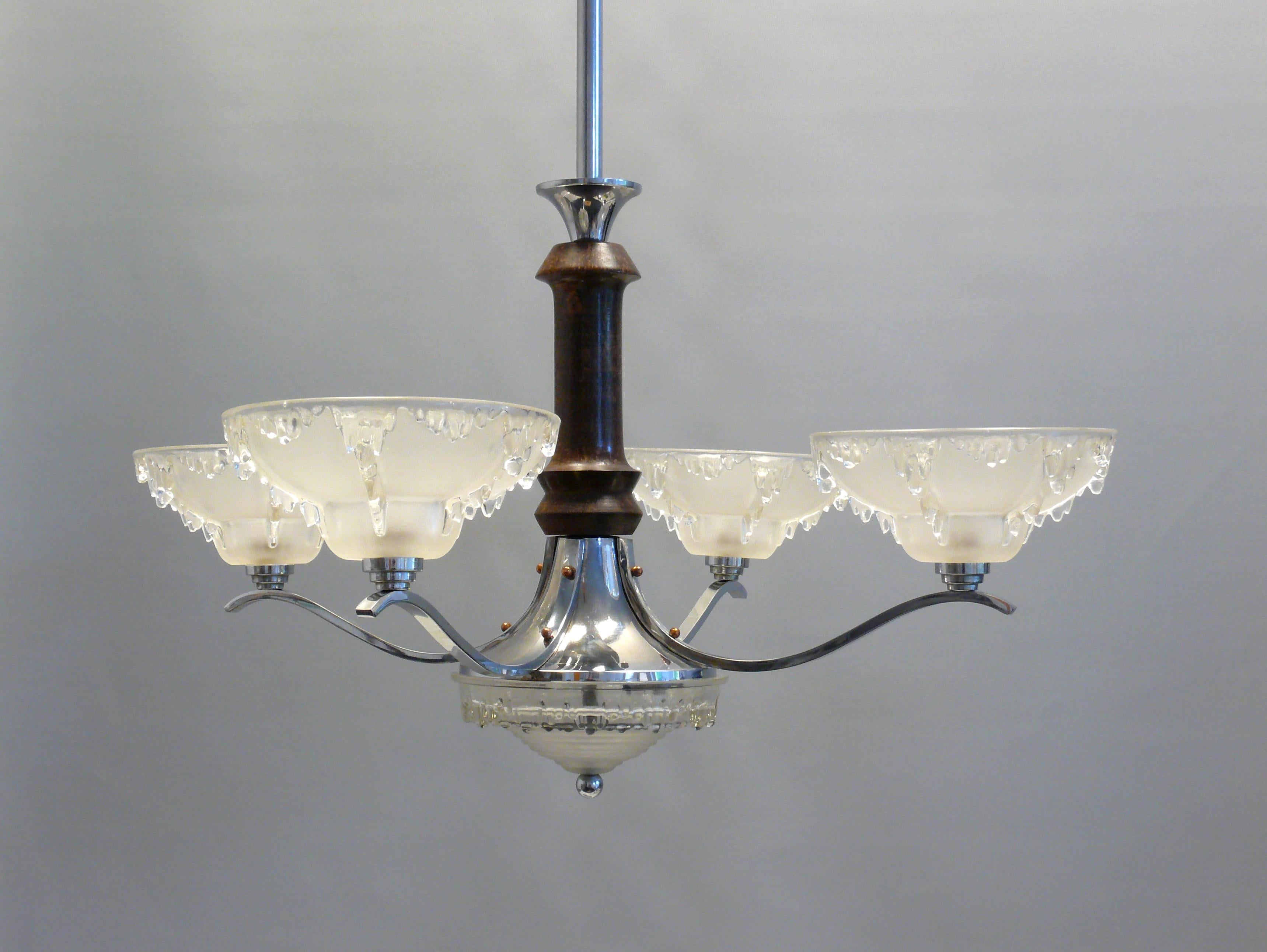 French Art Déco Chandelier, EZAN France - Chrome, Wood - 1930