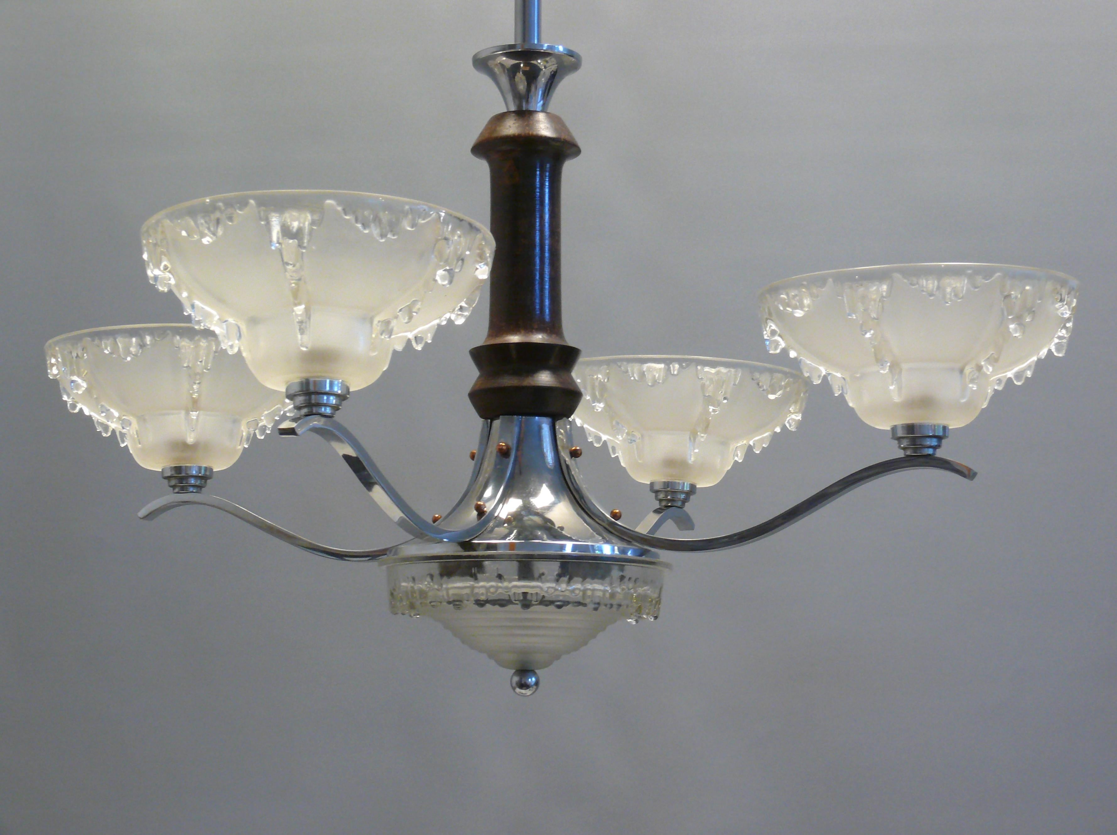 Art Déco Chandelier, EZAN France - Chrome, Wood - 1930 In Good Condition In Schwerin, MV