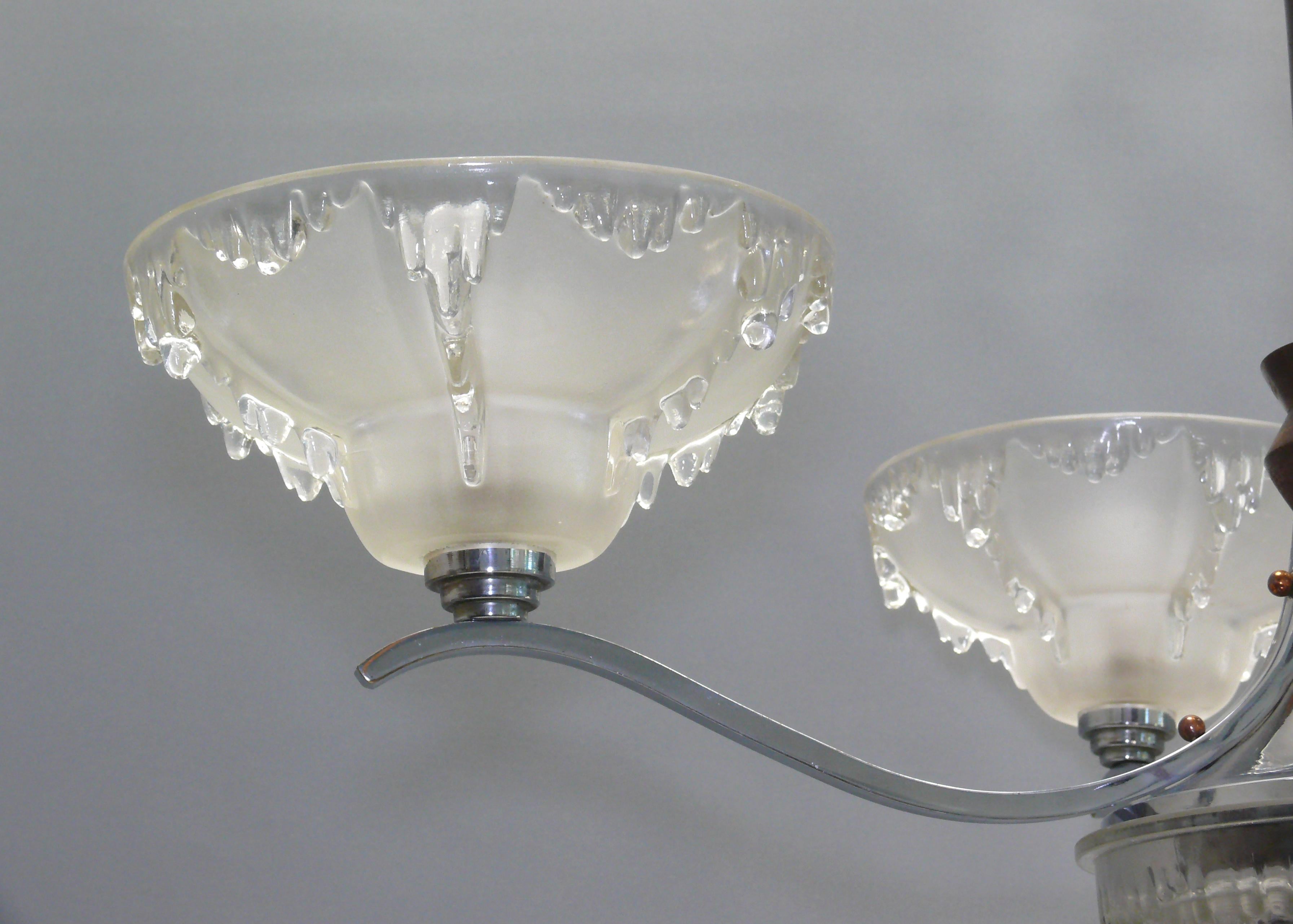 Milieu du XXe siècle Lustre Art Déco, Ezan France - Chrome, Wood Wood - 1930