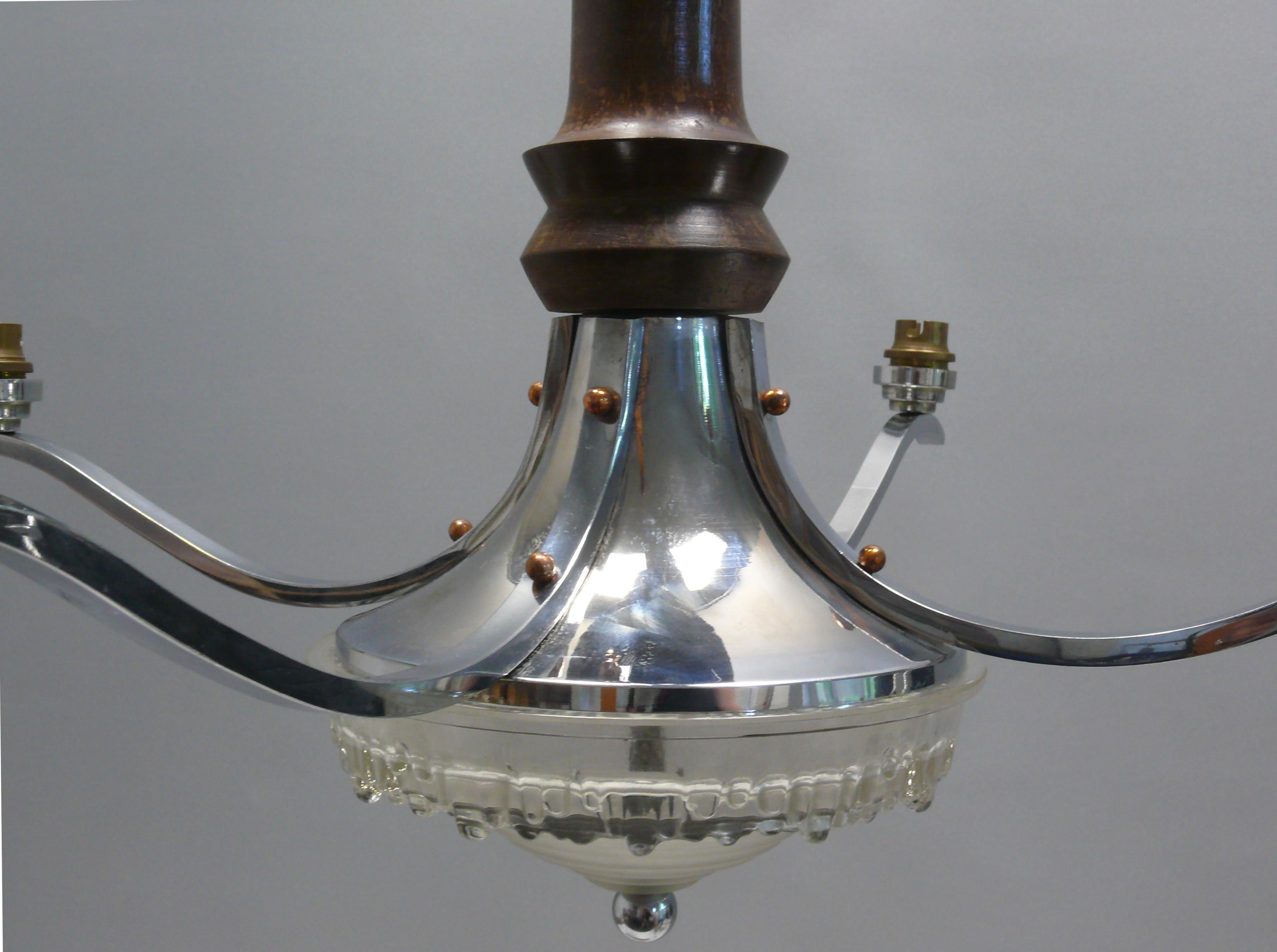 Art Déco Chandelier, EZAN France - Chrome, Wood - 1930 2