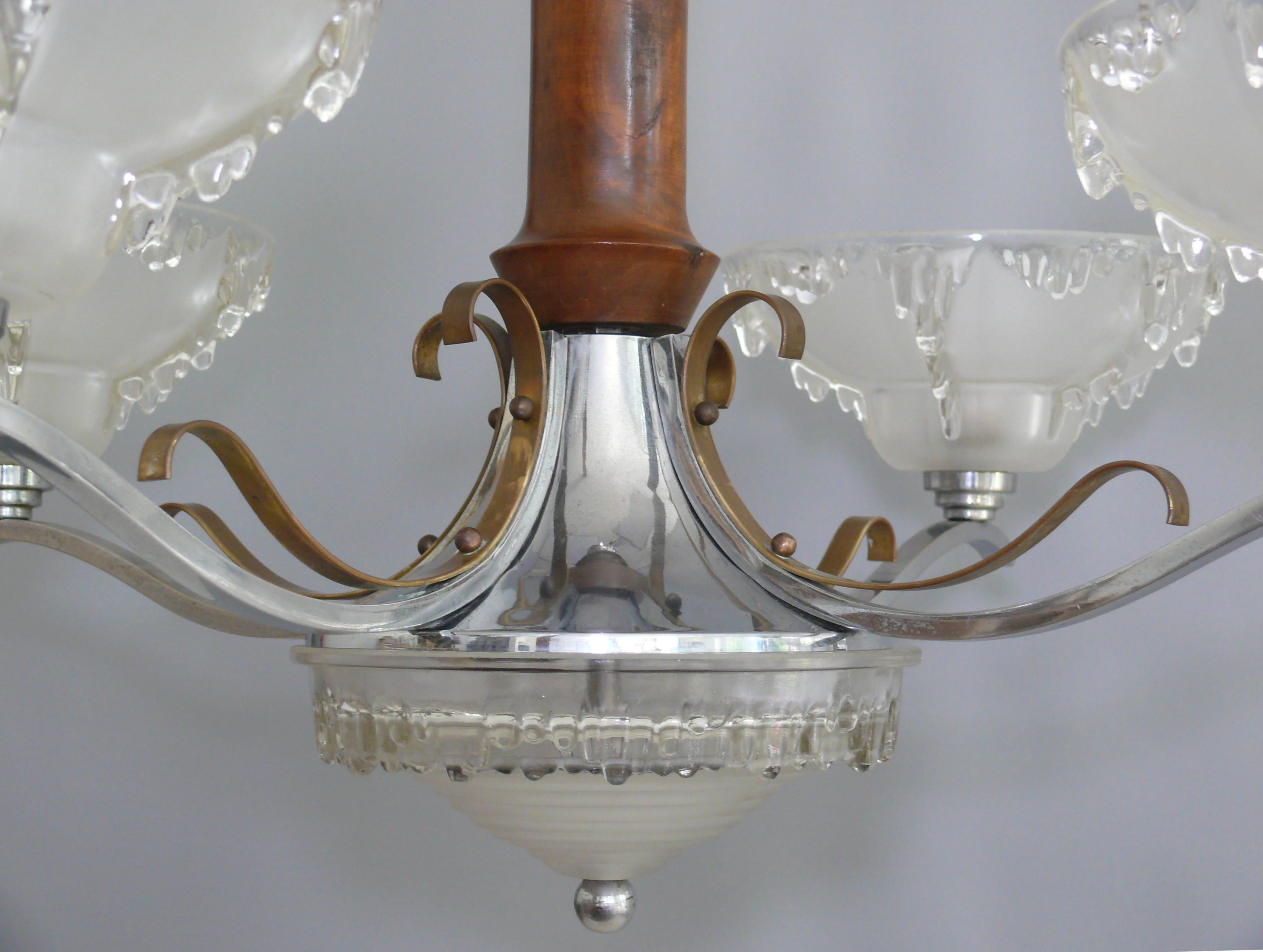 Art Déco Chandelier, EZAN France - Chrome, Wood - 1930 For Sale 5