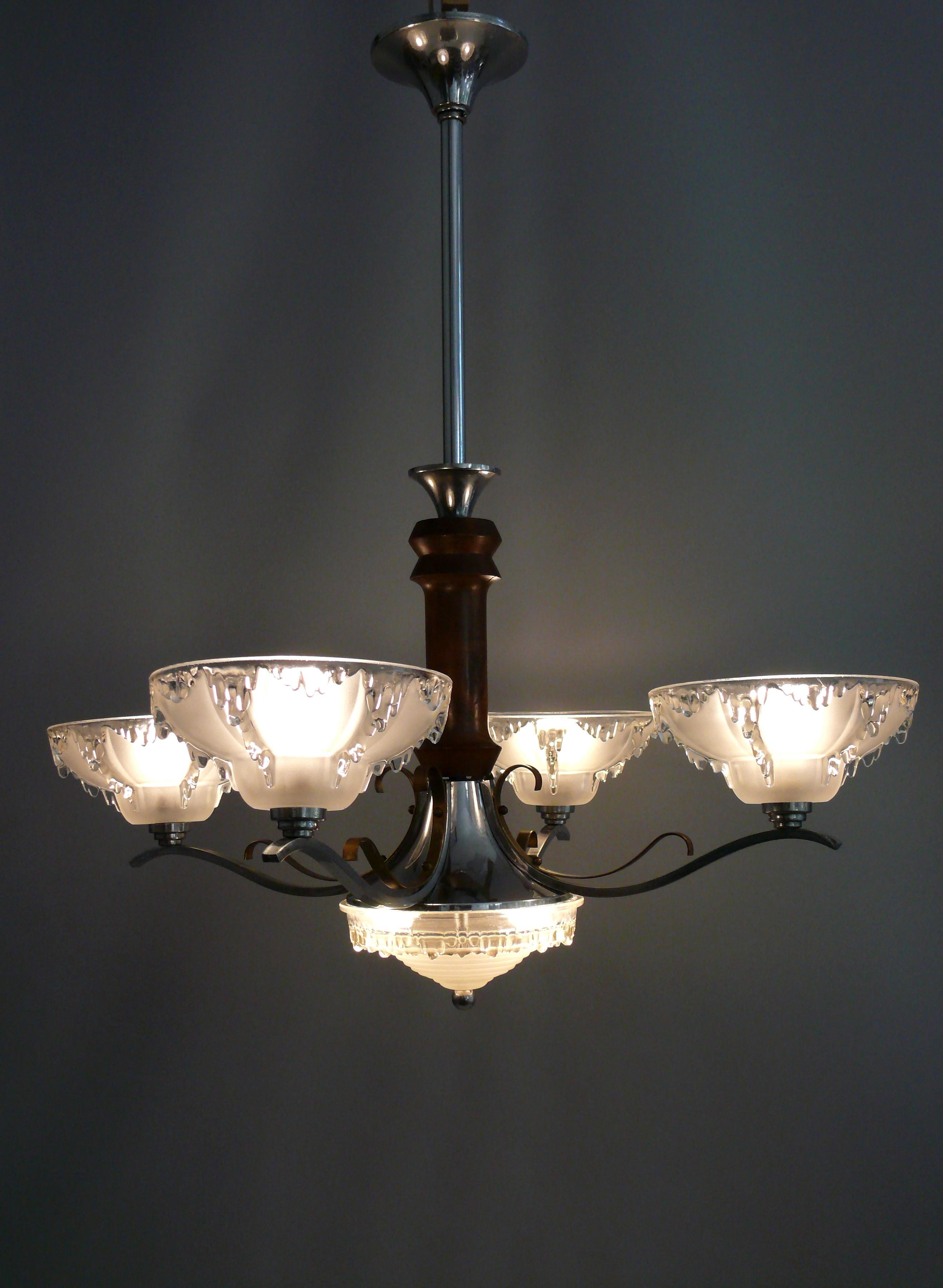Art Deco Art Déco Chandelier, EZAN France - Chrome, Wood - 1930 For Sale