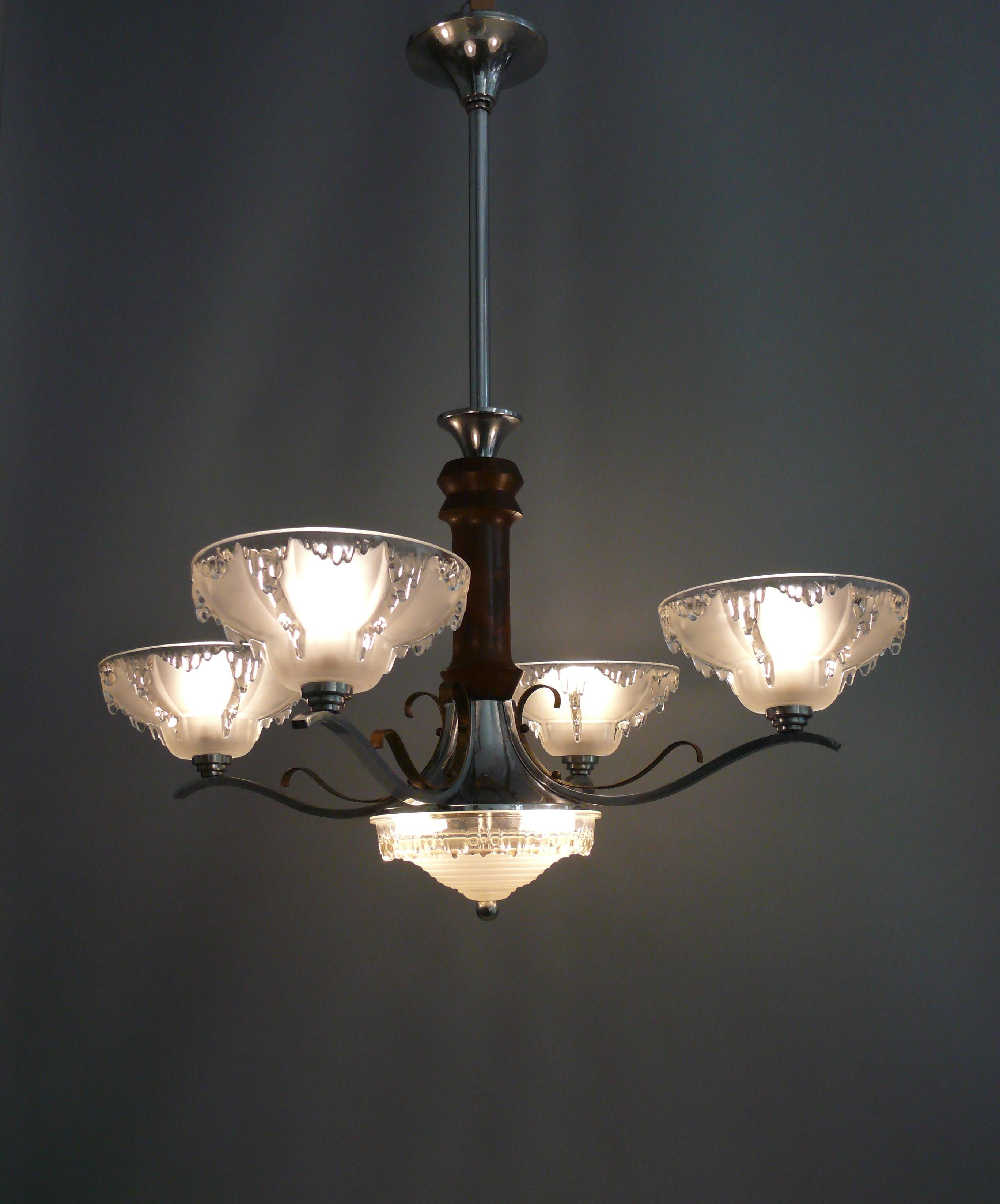 French Art Déco Chandelier, EZAN France - Chrome, Wood - 1930 For Sale