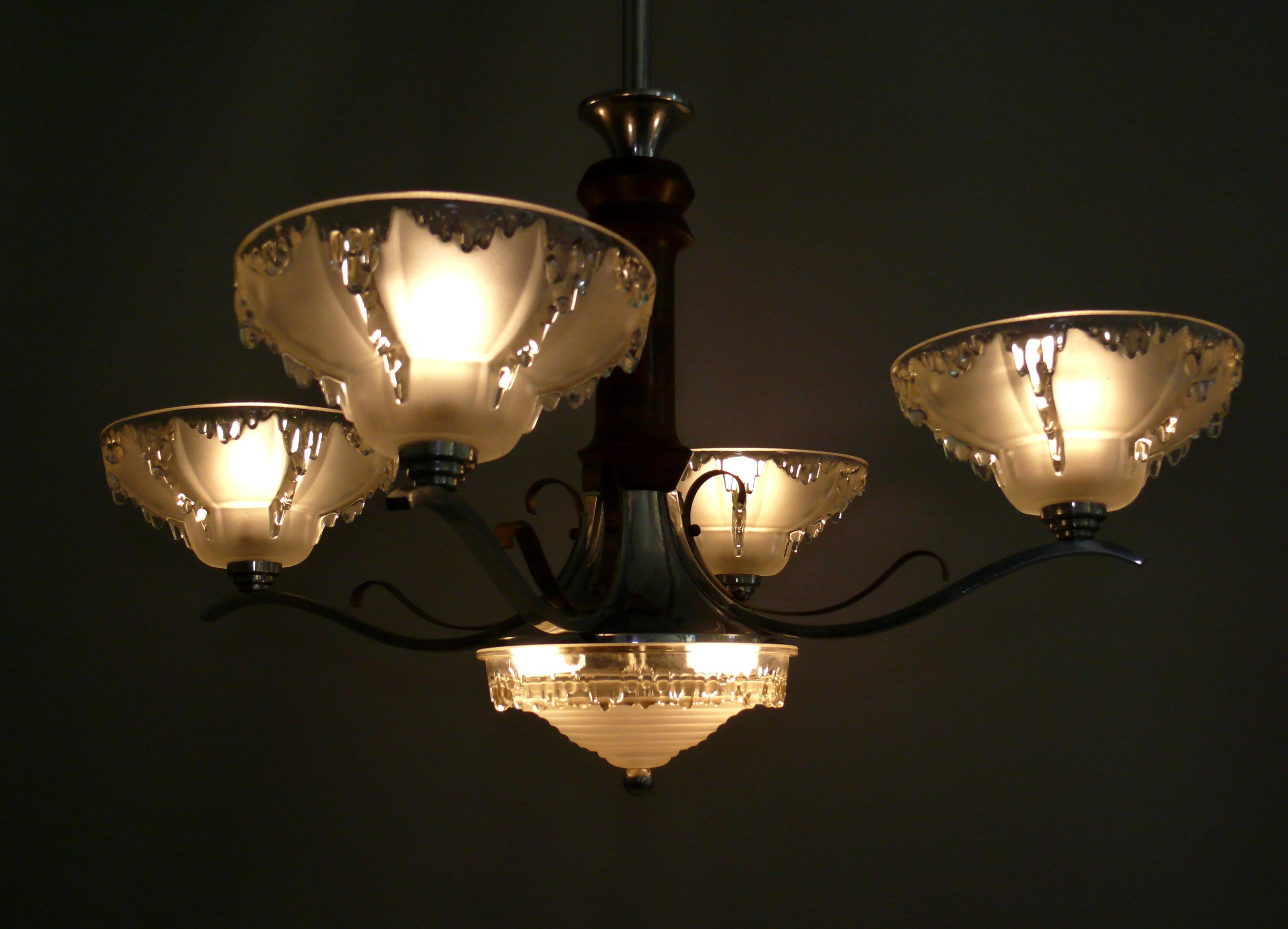 Art Déco Chandelier, EZAN France - Chrome, Wood - 1930 In Good Condition For Sale In Schwerin, MV