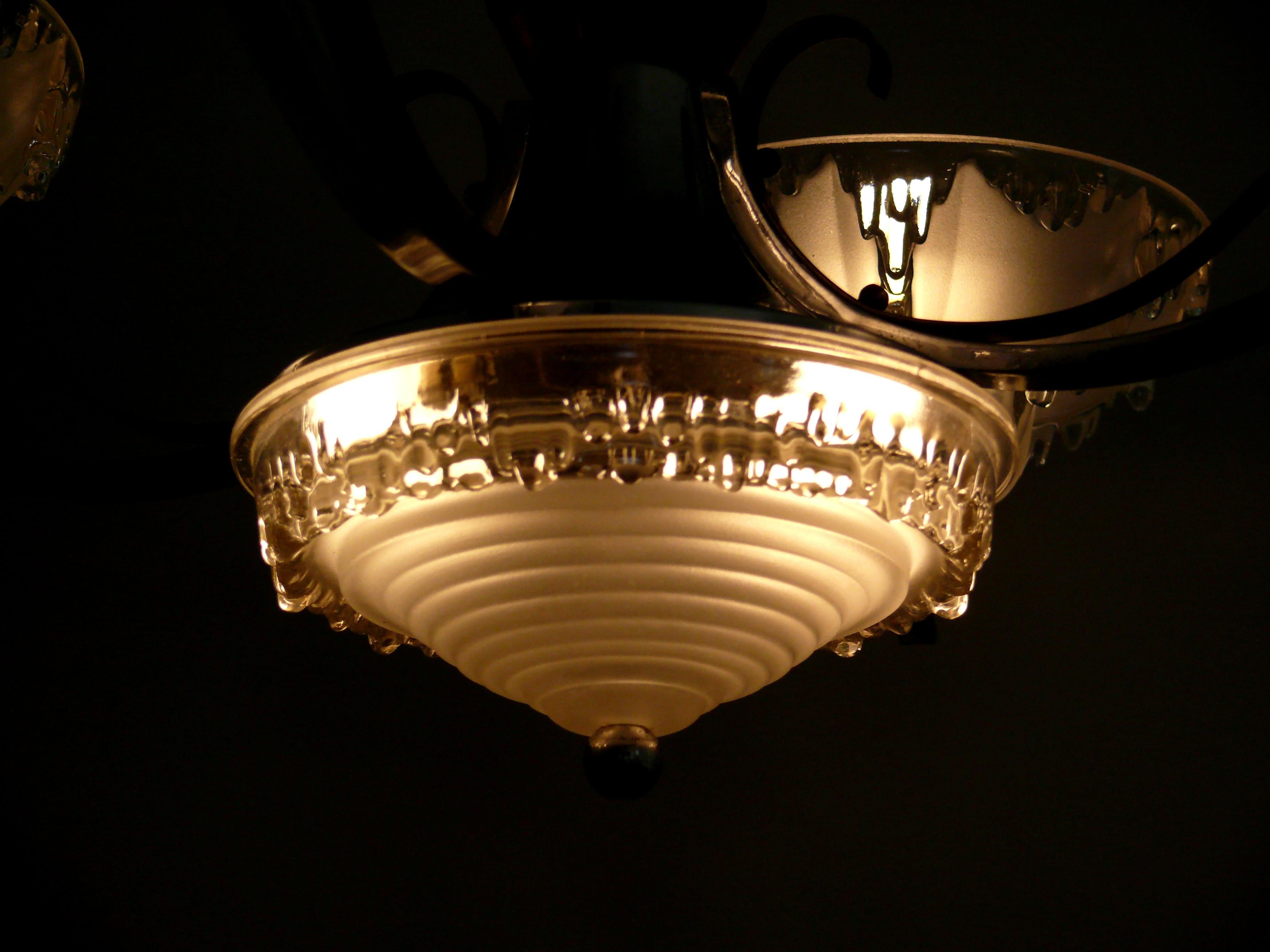 Metal Art Déco Chandelier, EZAN France - Chrome, Wood - 1930 For Sale