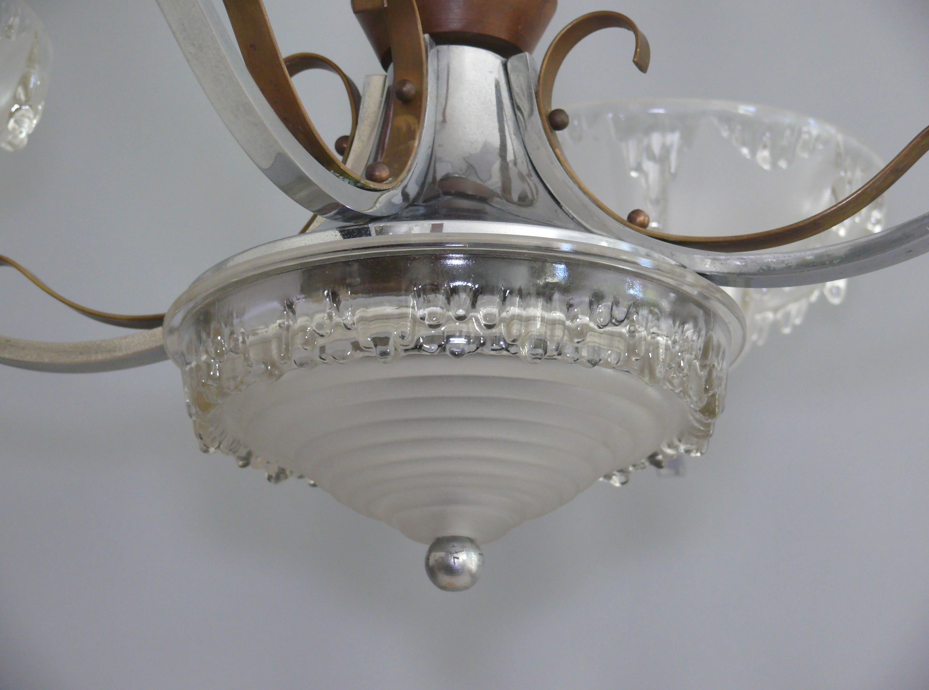 Art Déco Chandelier, EZAN France - Chrome, Wood - 1930 For Sale 1