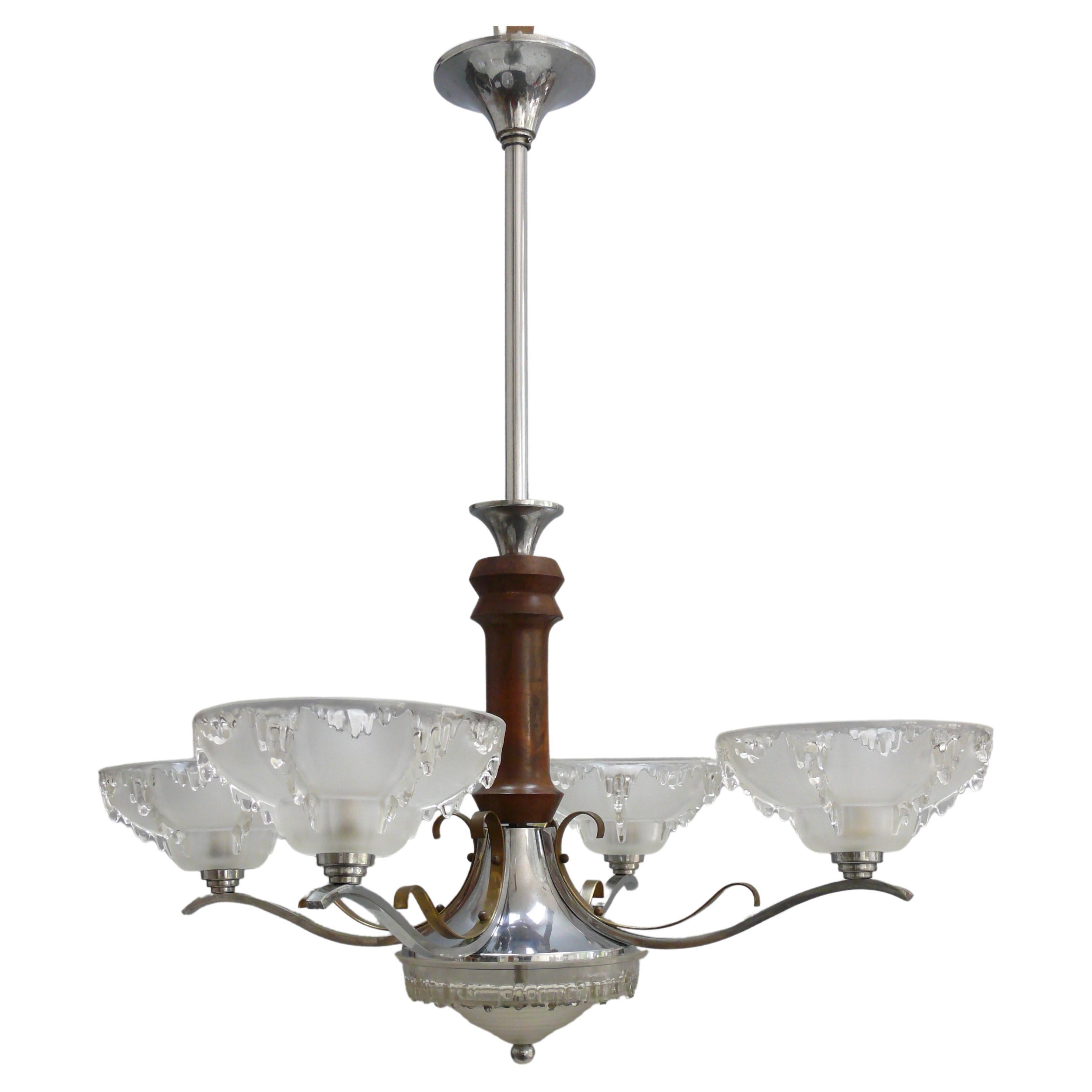 Art Déco Chandelier, EZAN France - Chrome, Wood - 1930