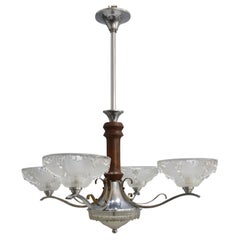 Art Déco Chandelier, EZAN France - Chrome, Wood - 1930
