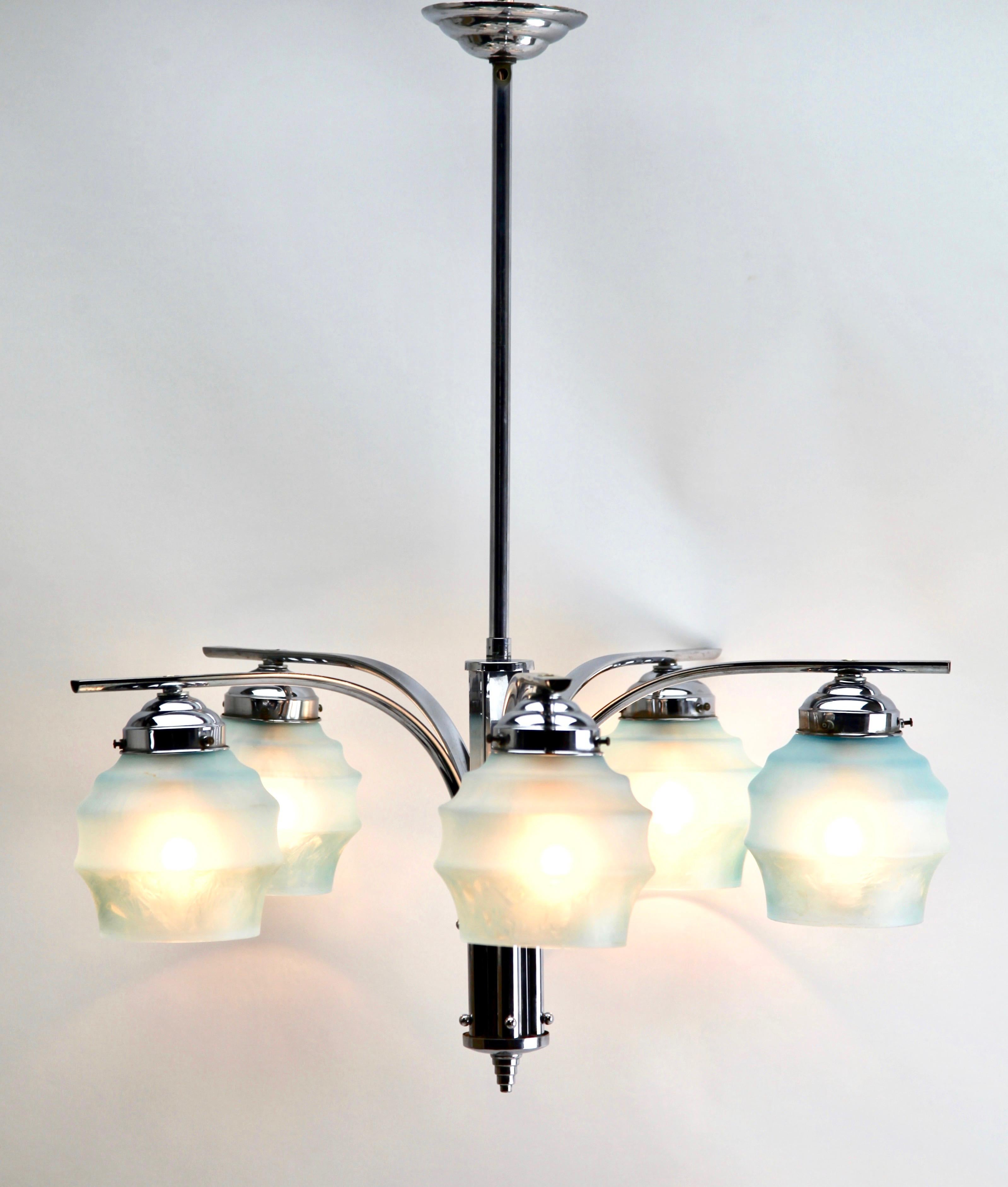 Art Deco Chandelier Five Arms Chrome, in the Style of Kalmar For Sale 2