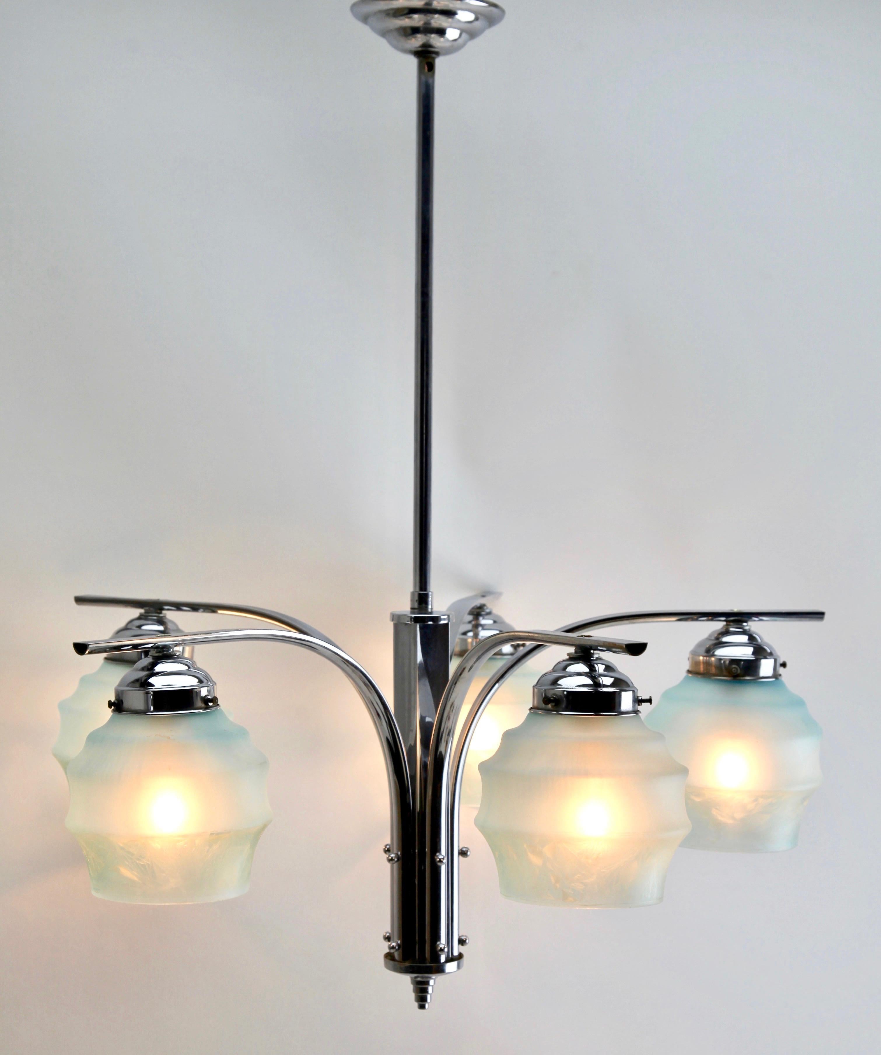 Art Deco Chandelier Five Arms Chrome, in the Style of Kalmar For Sale 5