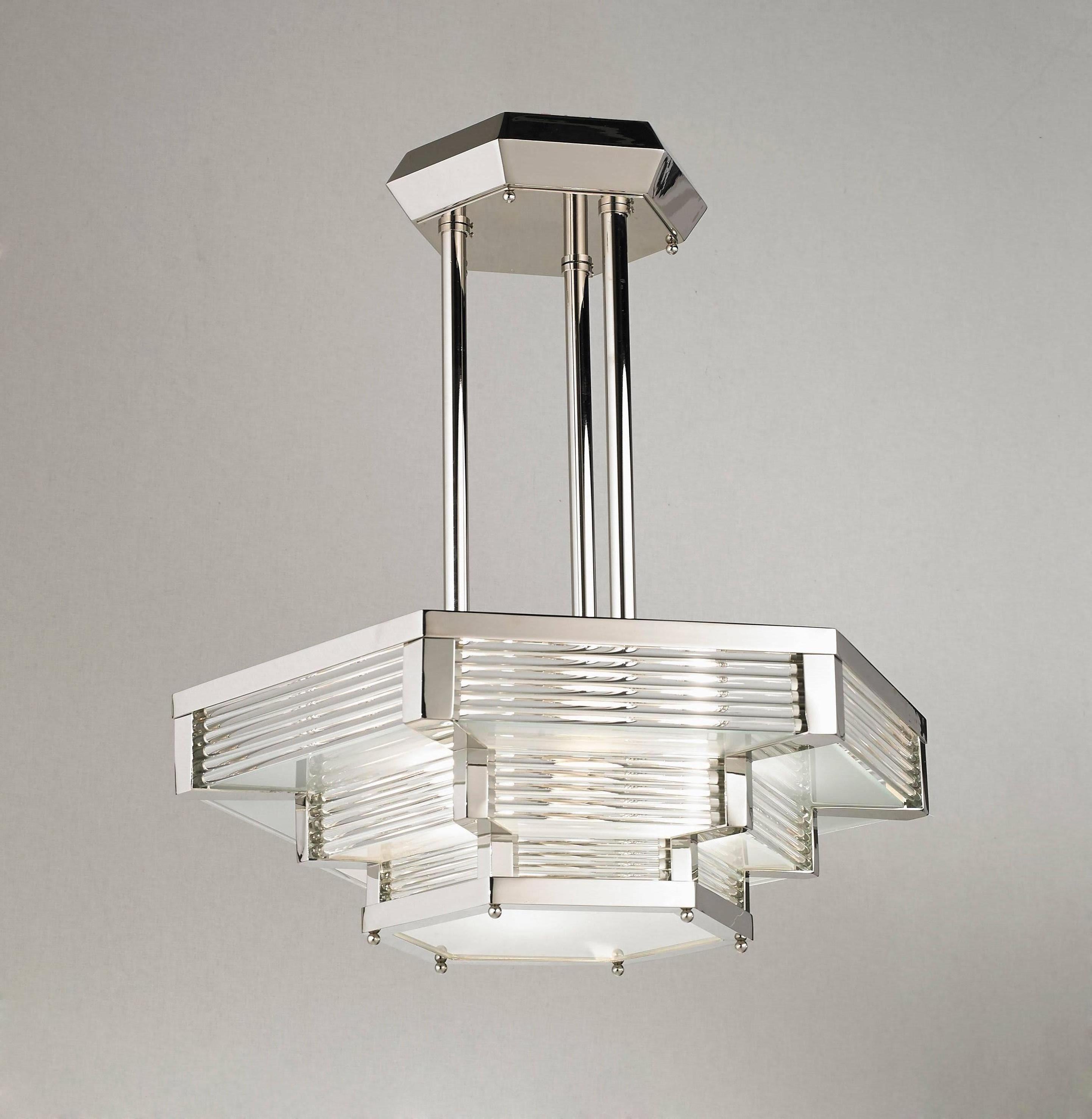 Art Deco chandelier with nickel finish and glass rods.