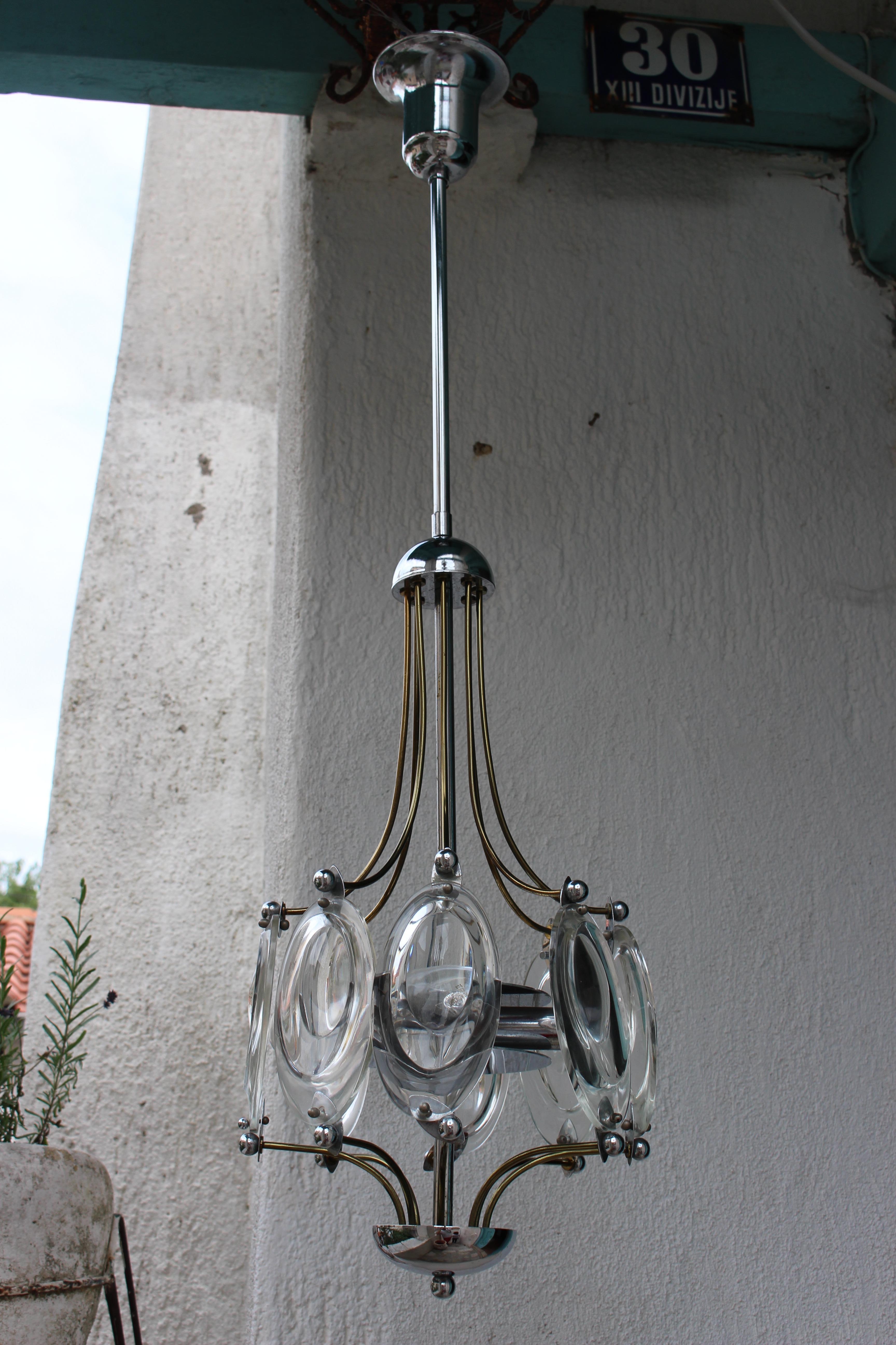 Art Deco Italian chandelier, brass and nickel base Murano glass pendants.